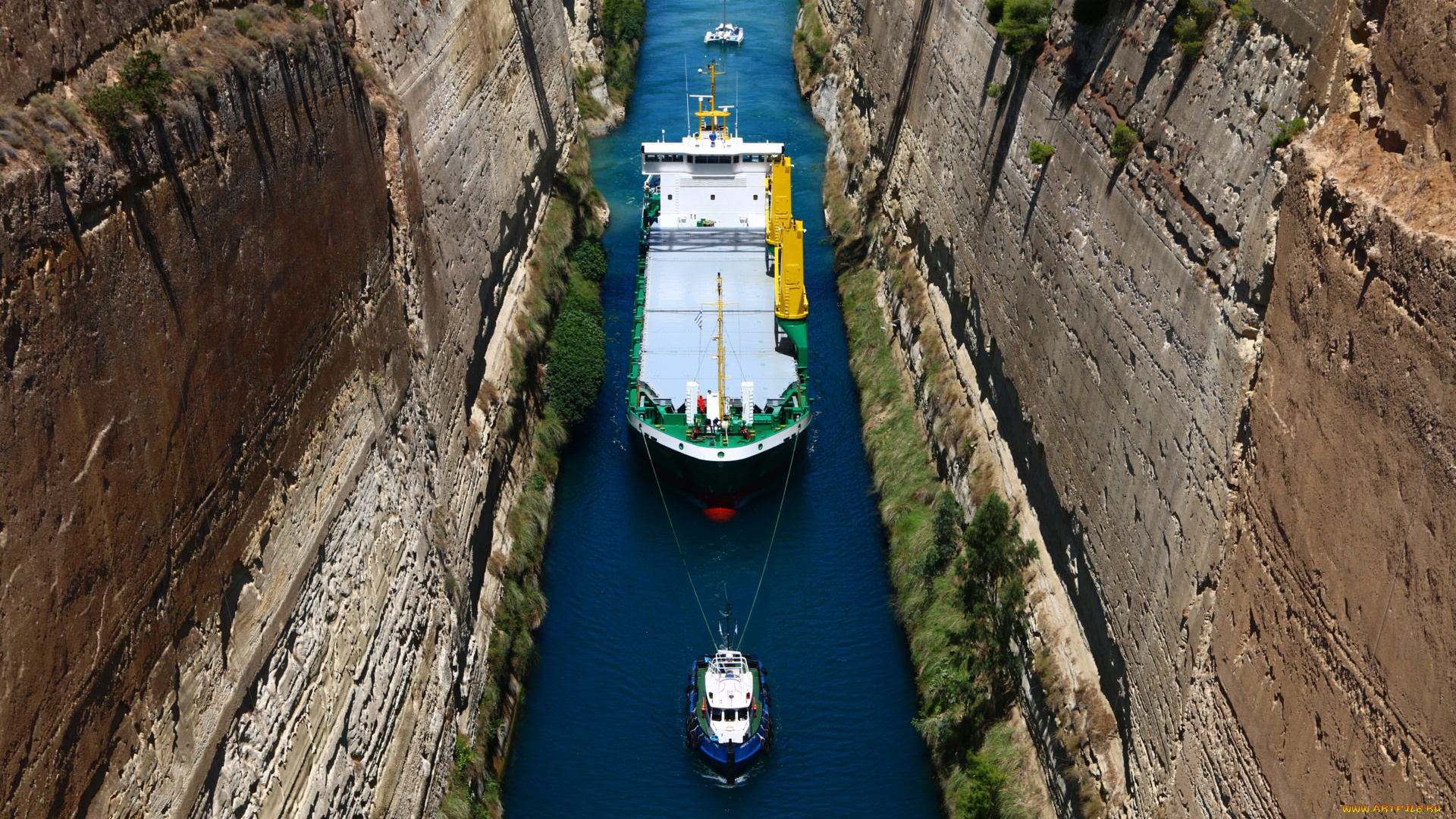 корабли, баржи, вид, с, воздуха, корабль, вода, между, скалами, буксир, пролив
