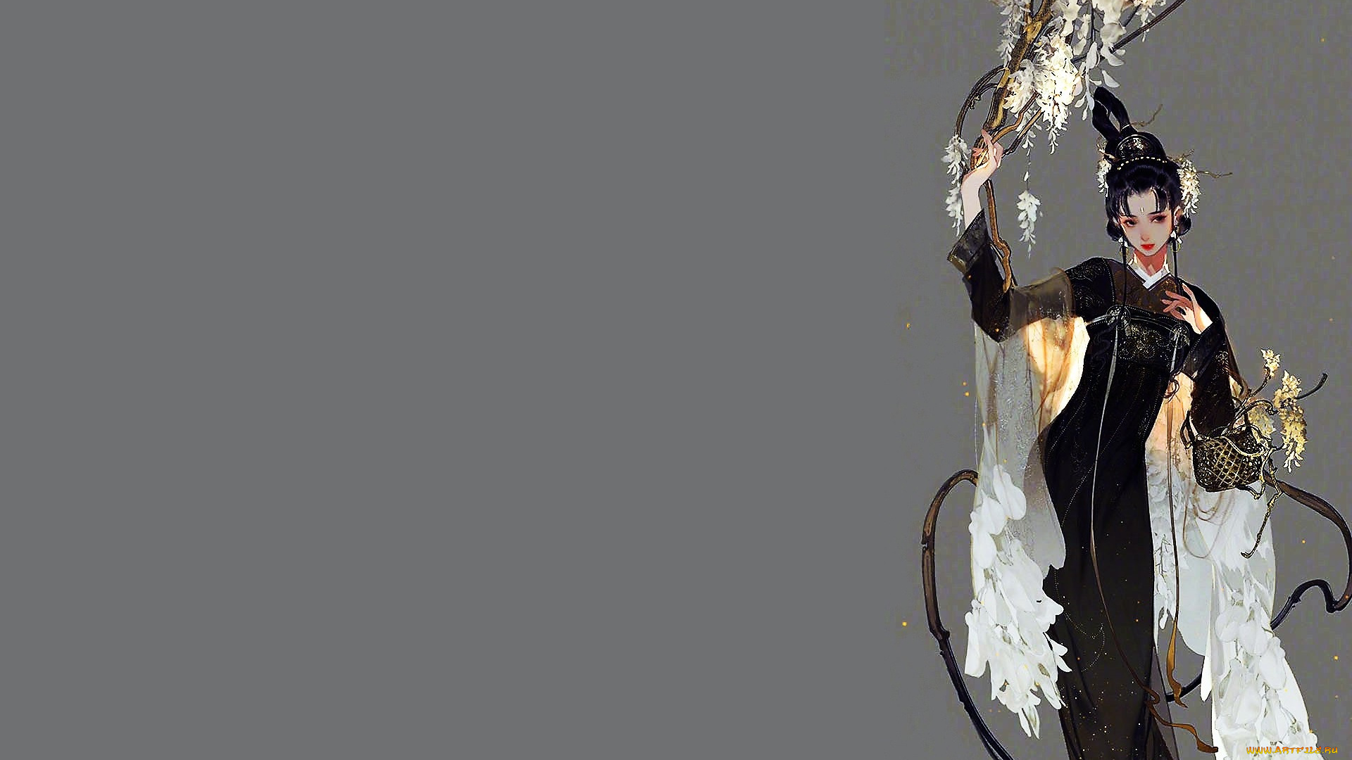 рисованное, люди, девушка, цветы, корзинка, шаль