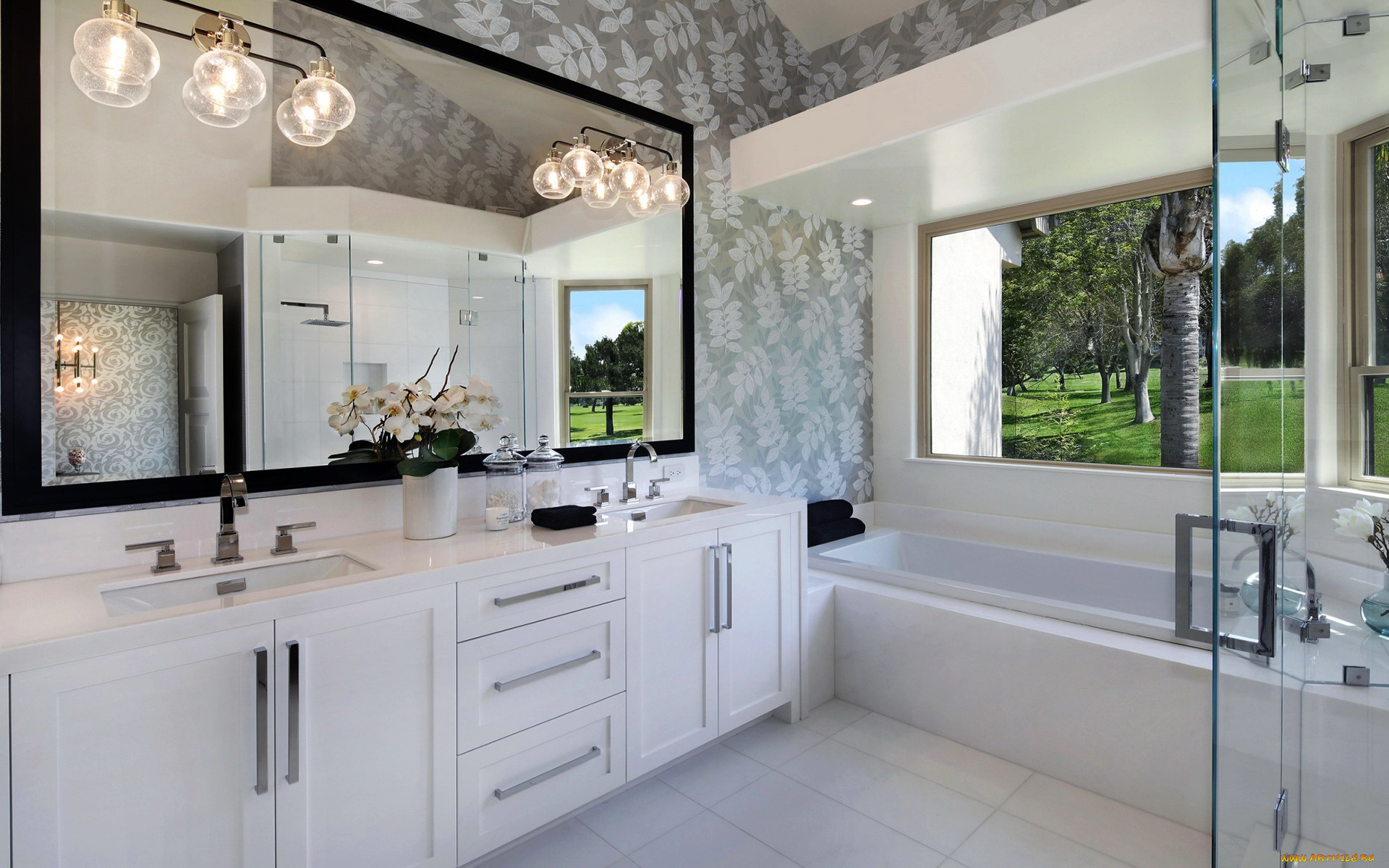 интерьер, ванная, и, туалетная, комнаты, ванна, букет, лампы