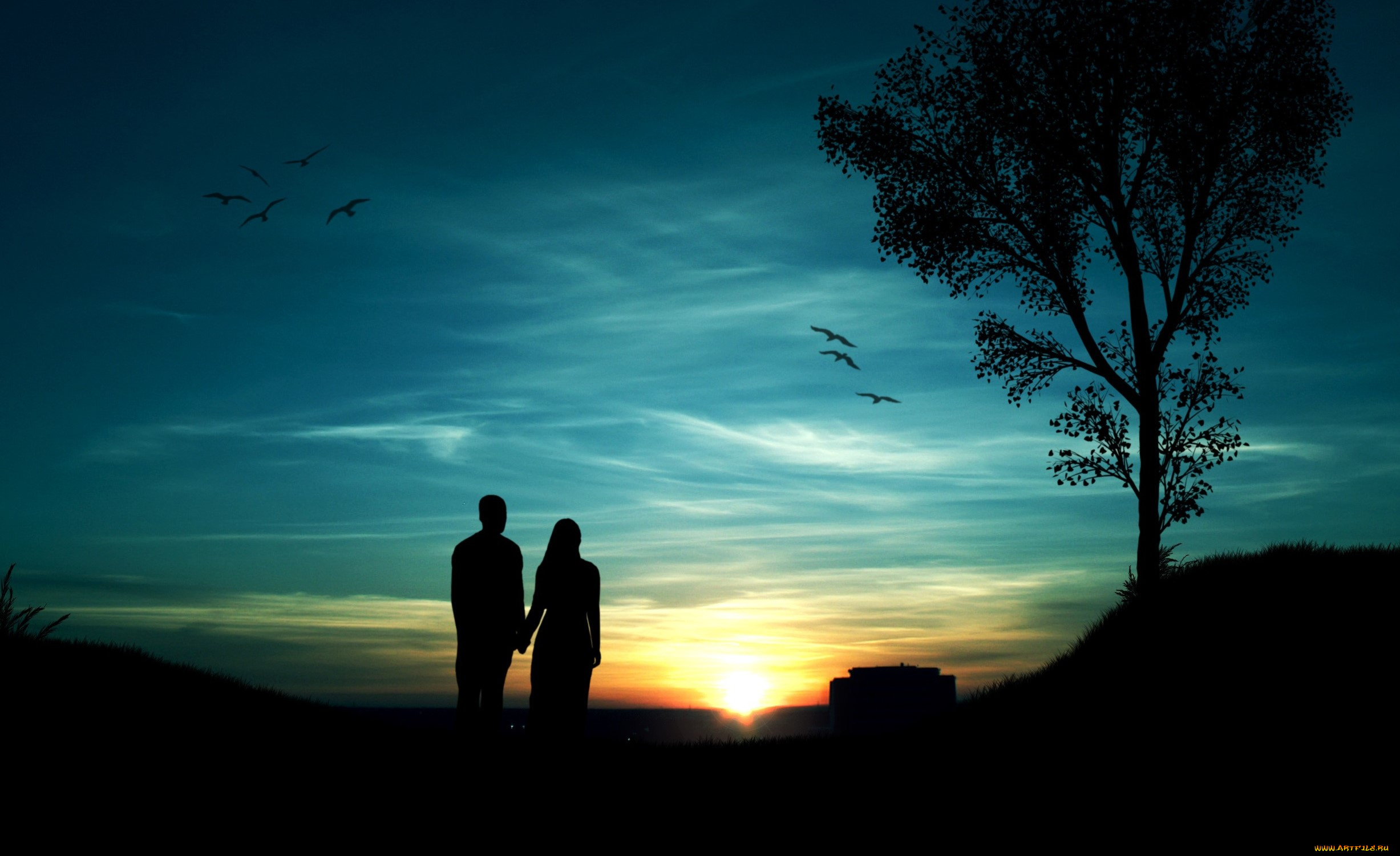 разное, мужчина, женщина, пара, закат, силуэты, птицы, дерево