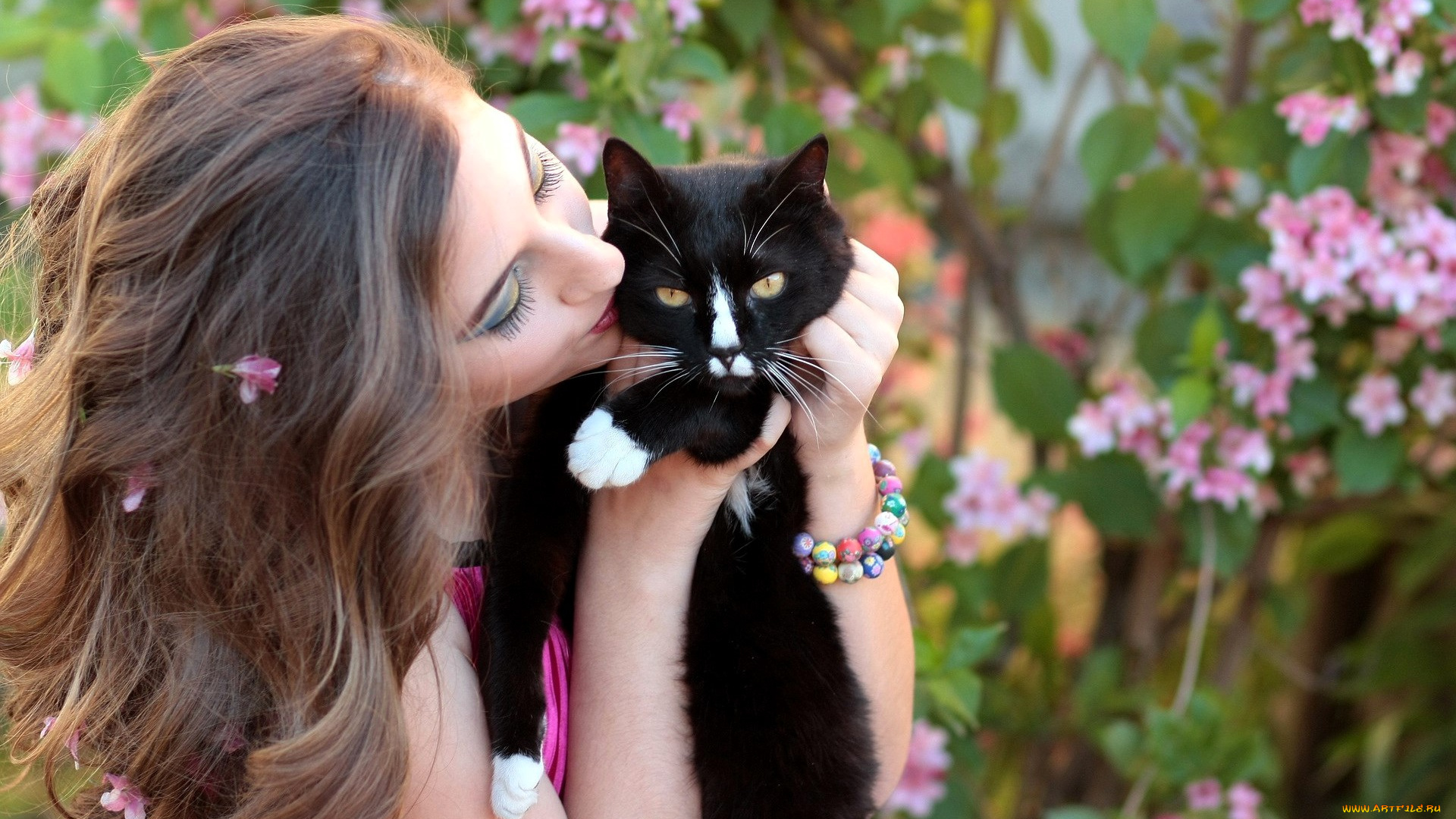 девушки, -, лица, , портреты, русая, лицо, кот, цветы, браслет