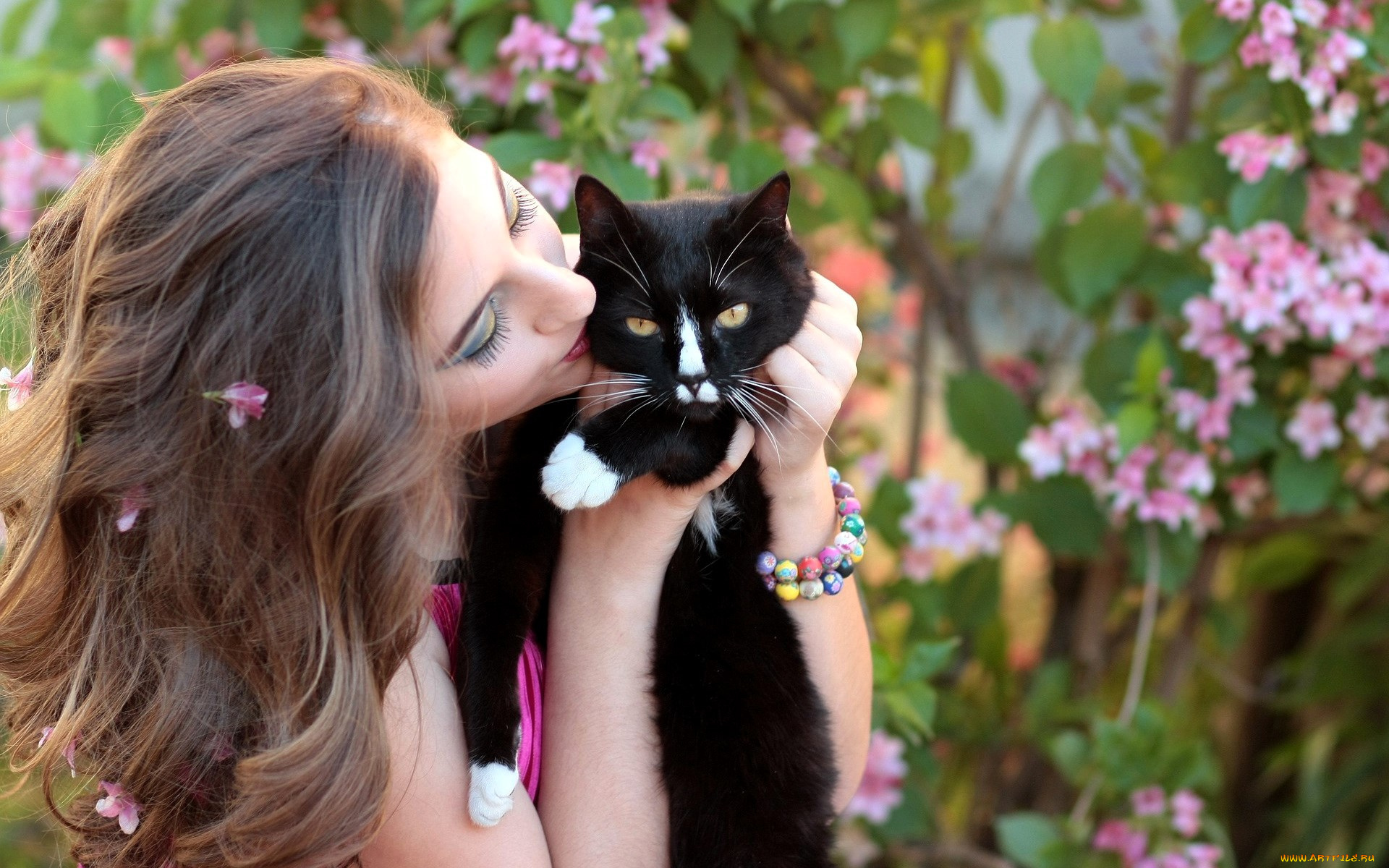 девушки, -, лица, , портреты, русая, лицо, кот, цветы, браслет