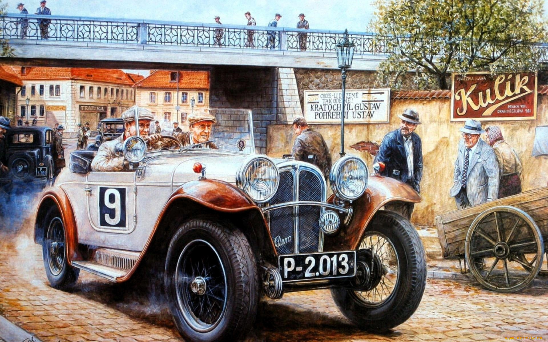 рисованное, авто, мото, машина, люди, город, мост, ретро