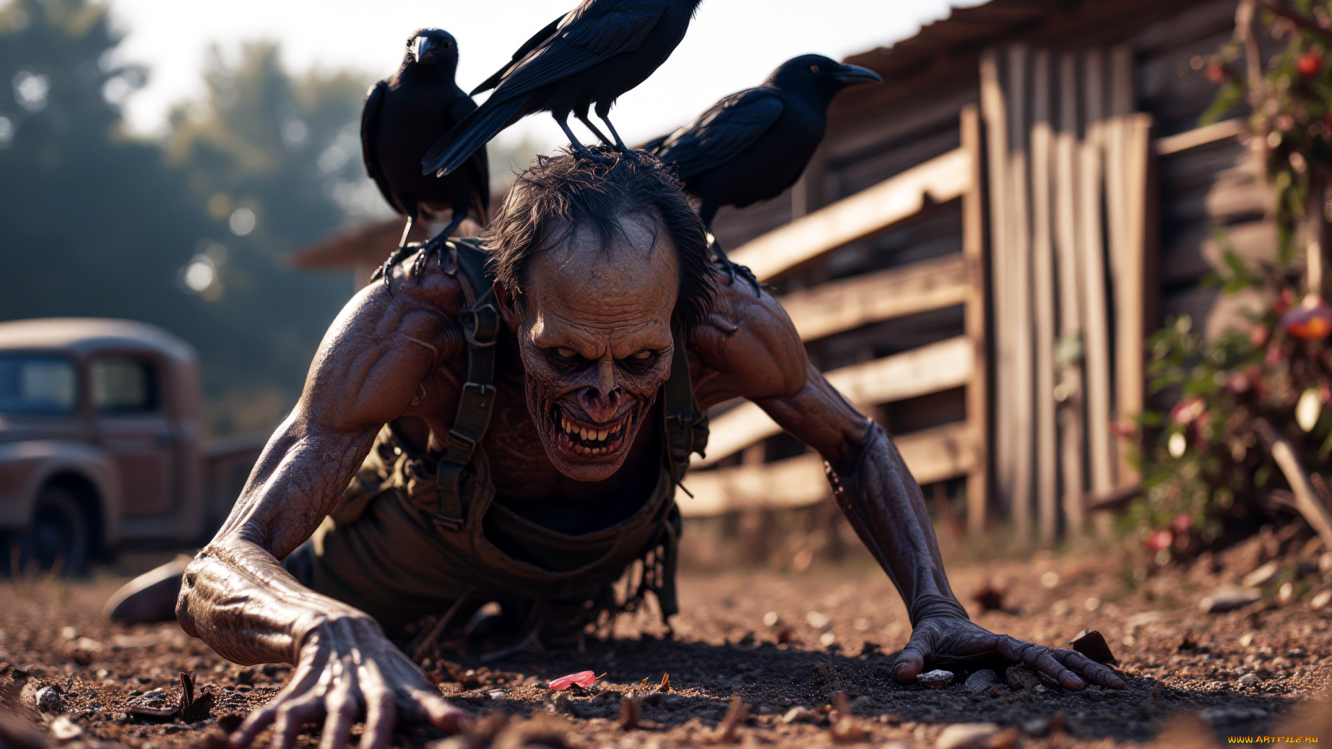 3д, графика, ужас, , horror, зомби, вороны, нейросеть