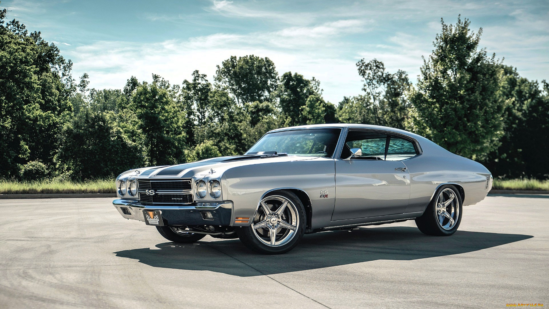 chevrolet, chevelle, автомобили, chevrolet, серебристый, площадка, деревья