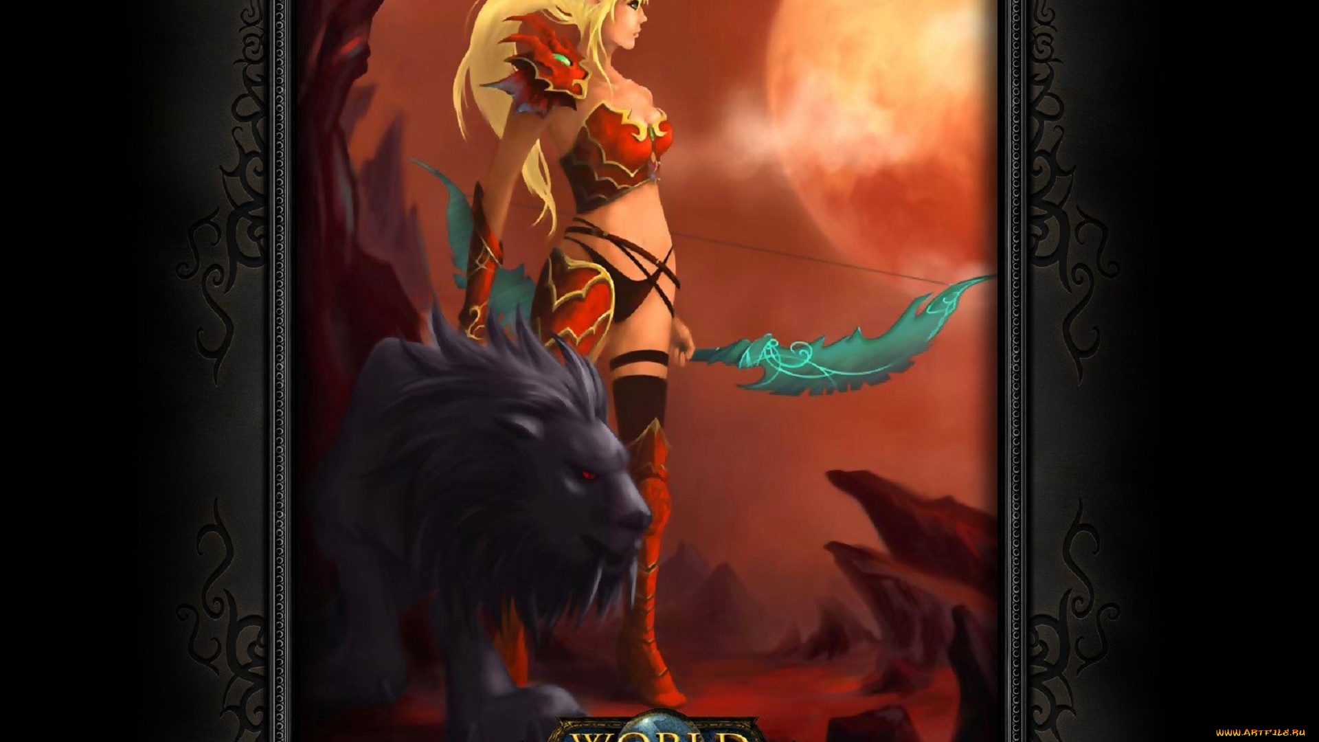 видео, игры, world, of, warcraft, девушка, эльфийка, лук, лев, скалы