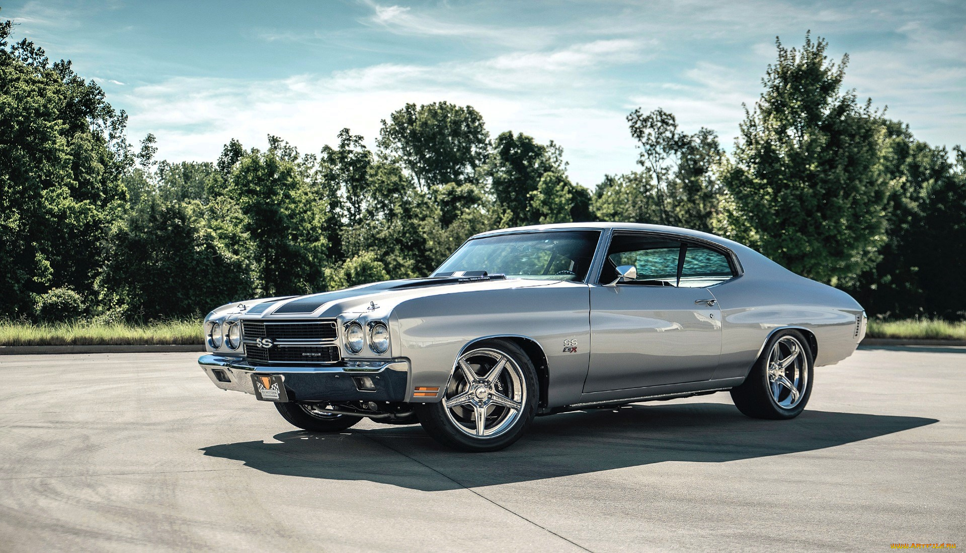 chevrolet, chevelle, автомобили, chevrolet, серебристый, площадка, деревья
