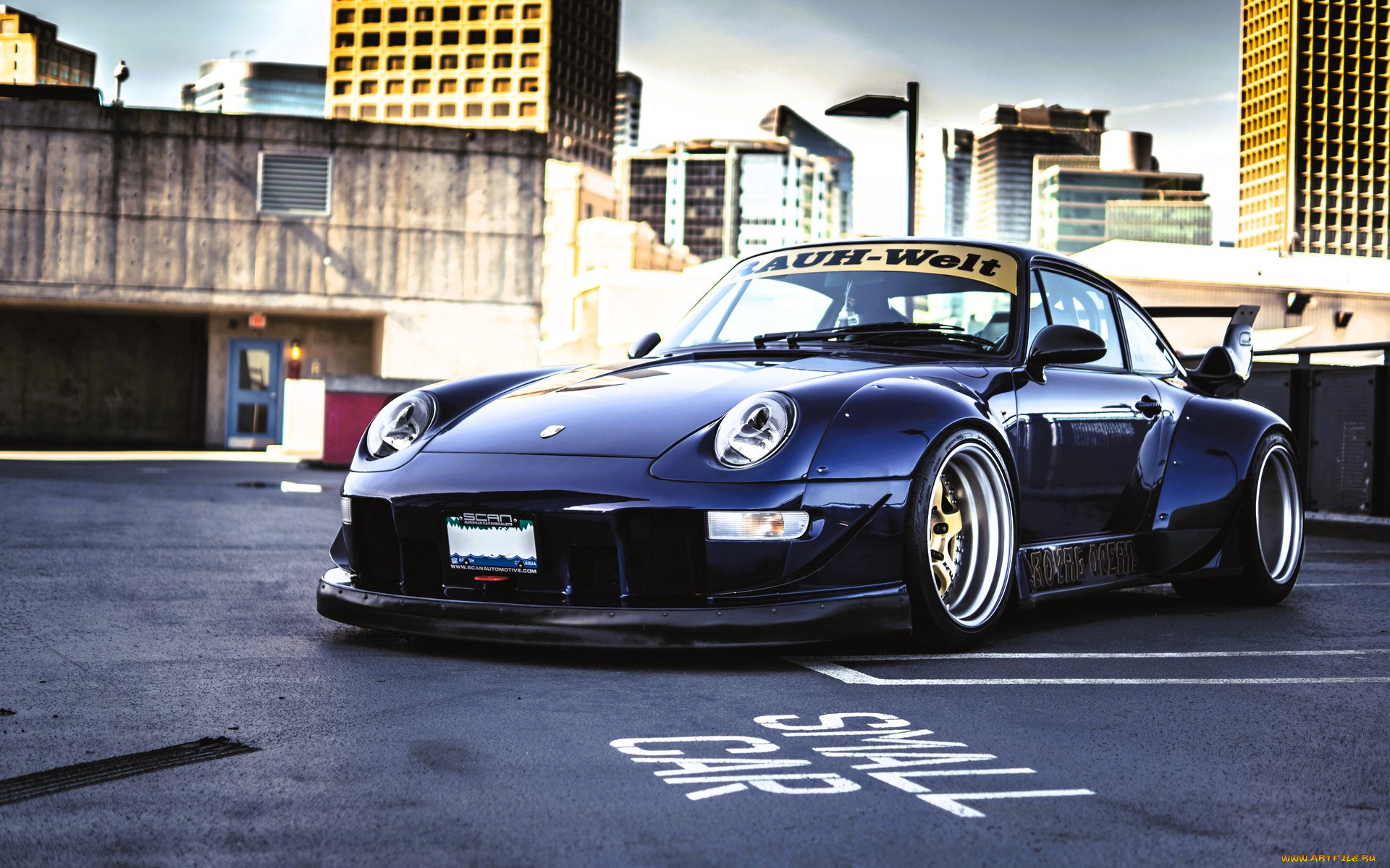 porsche, 911, автомобили, porsche, синий, двор, город, здания