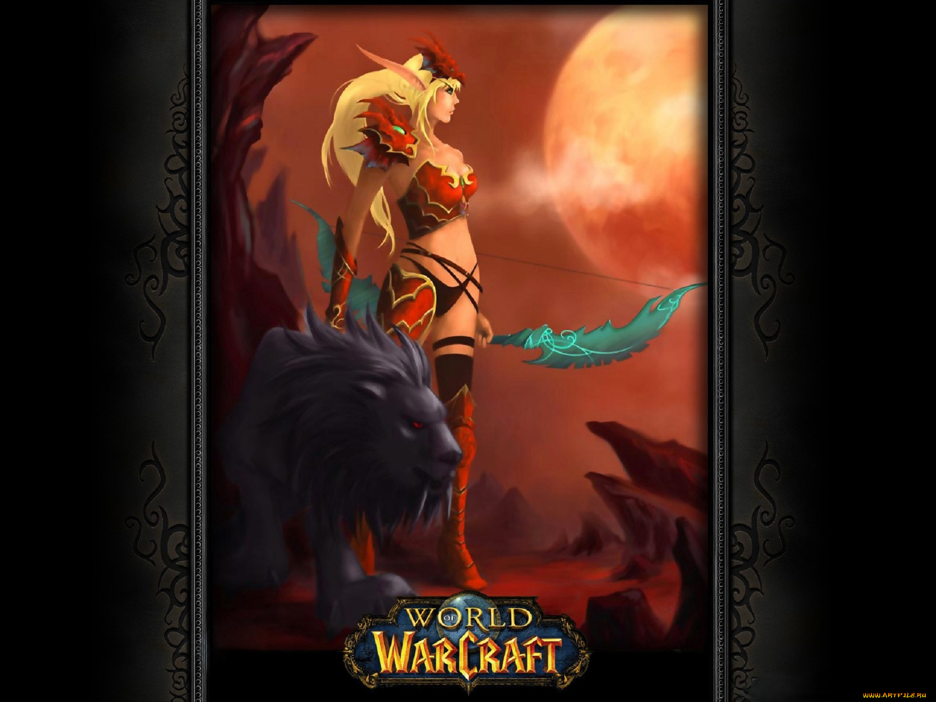 видео, игры, world, of, warcraft, девушка, эльфийка, лук, лев, скалы