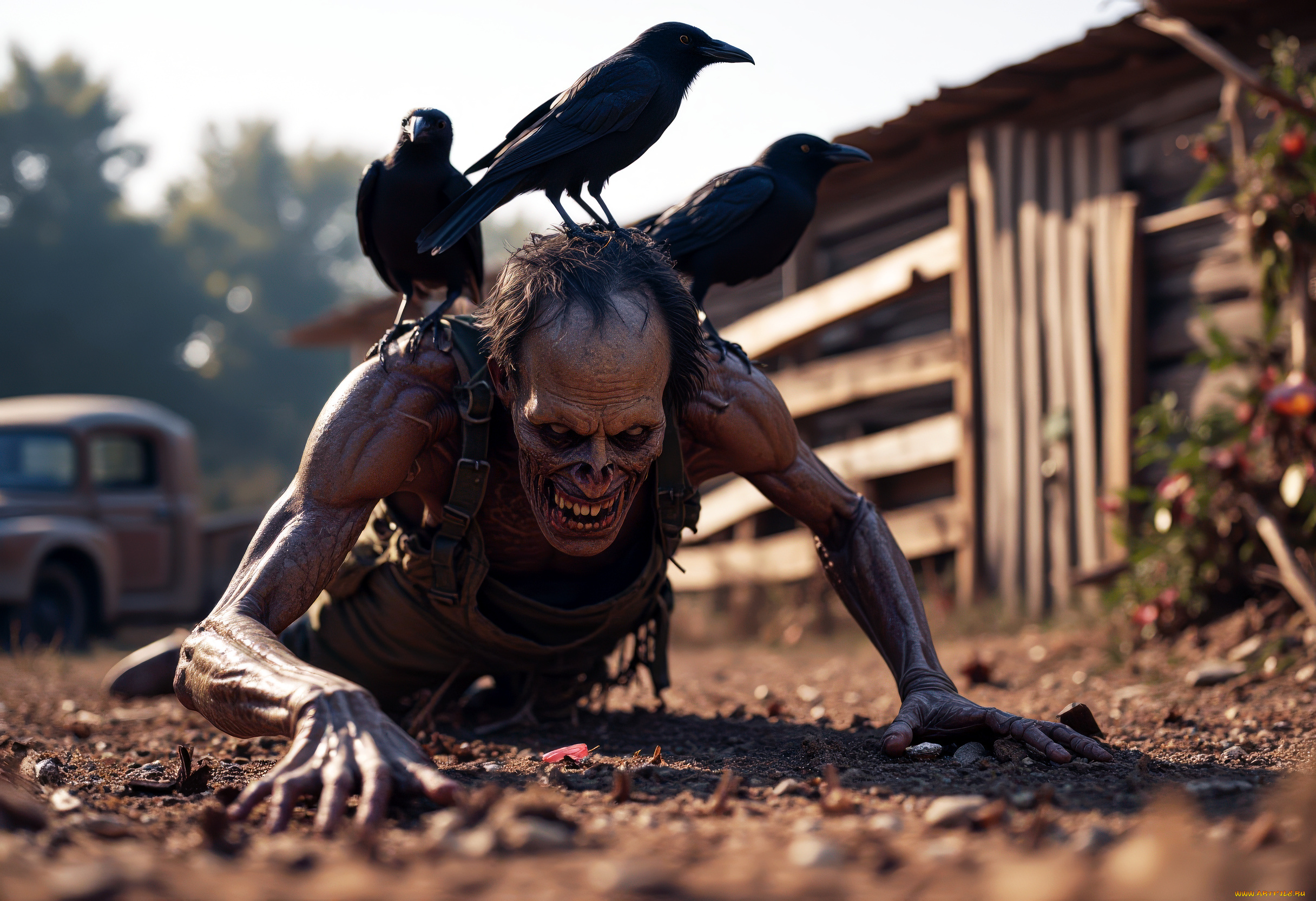 3д, графика, ужас, , horror, зомби, вороны, нейросеть