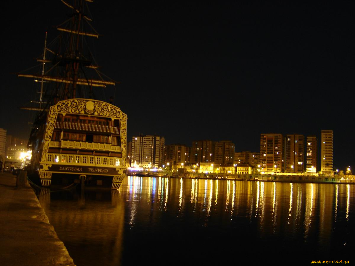 малага, города, огни, ночного