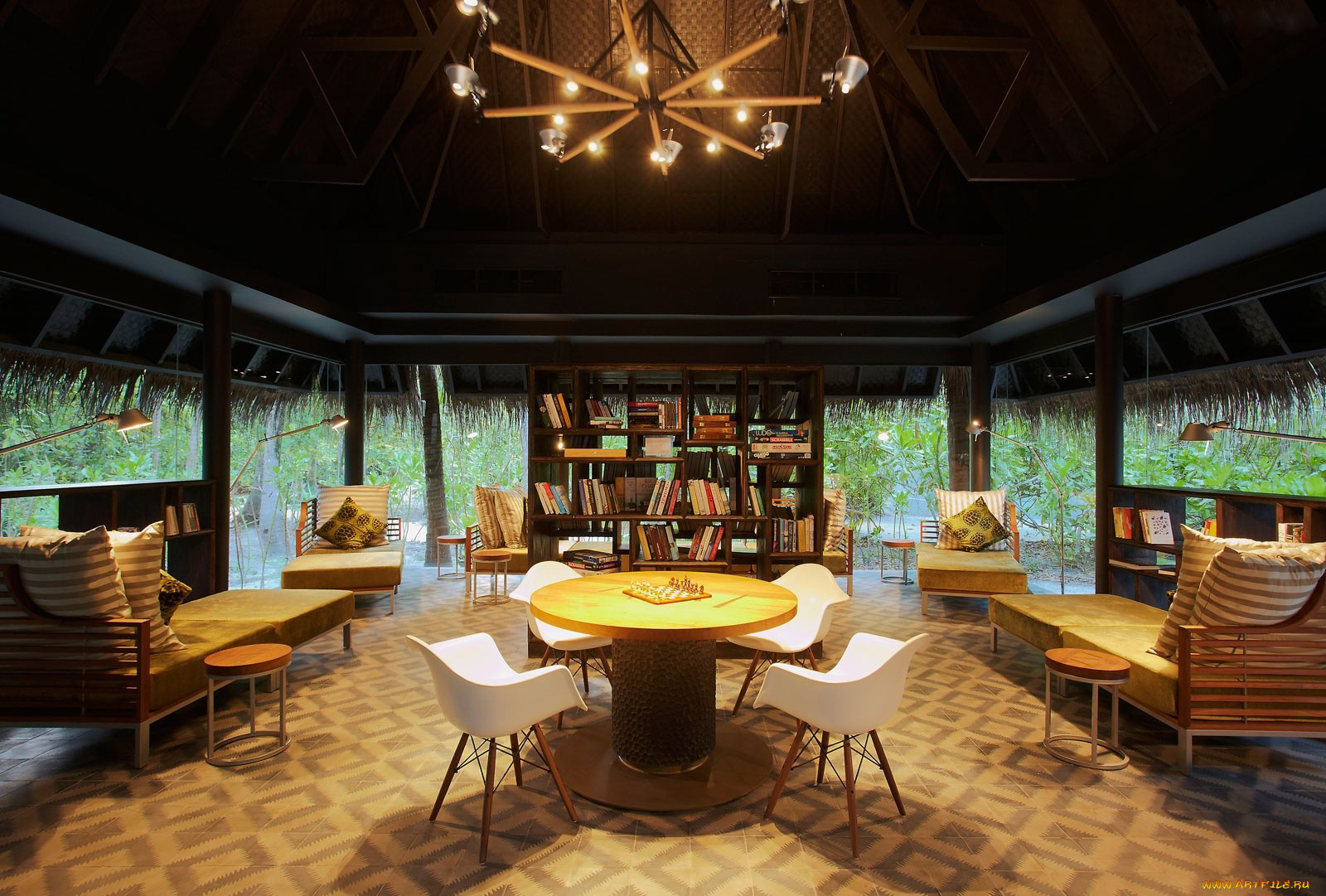 интерьер, кабинет, библиотека, офис, стол, кушетки, книги