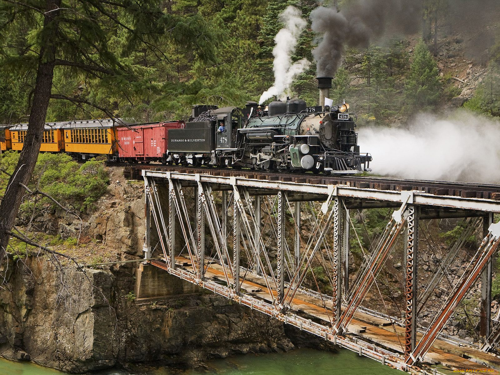 паровоз, штате, колорадо, техника, паровозы, состав, река, мост, рельсы