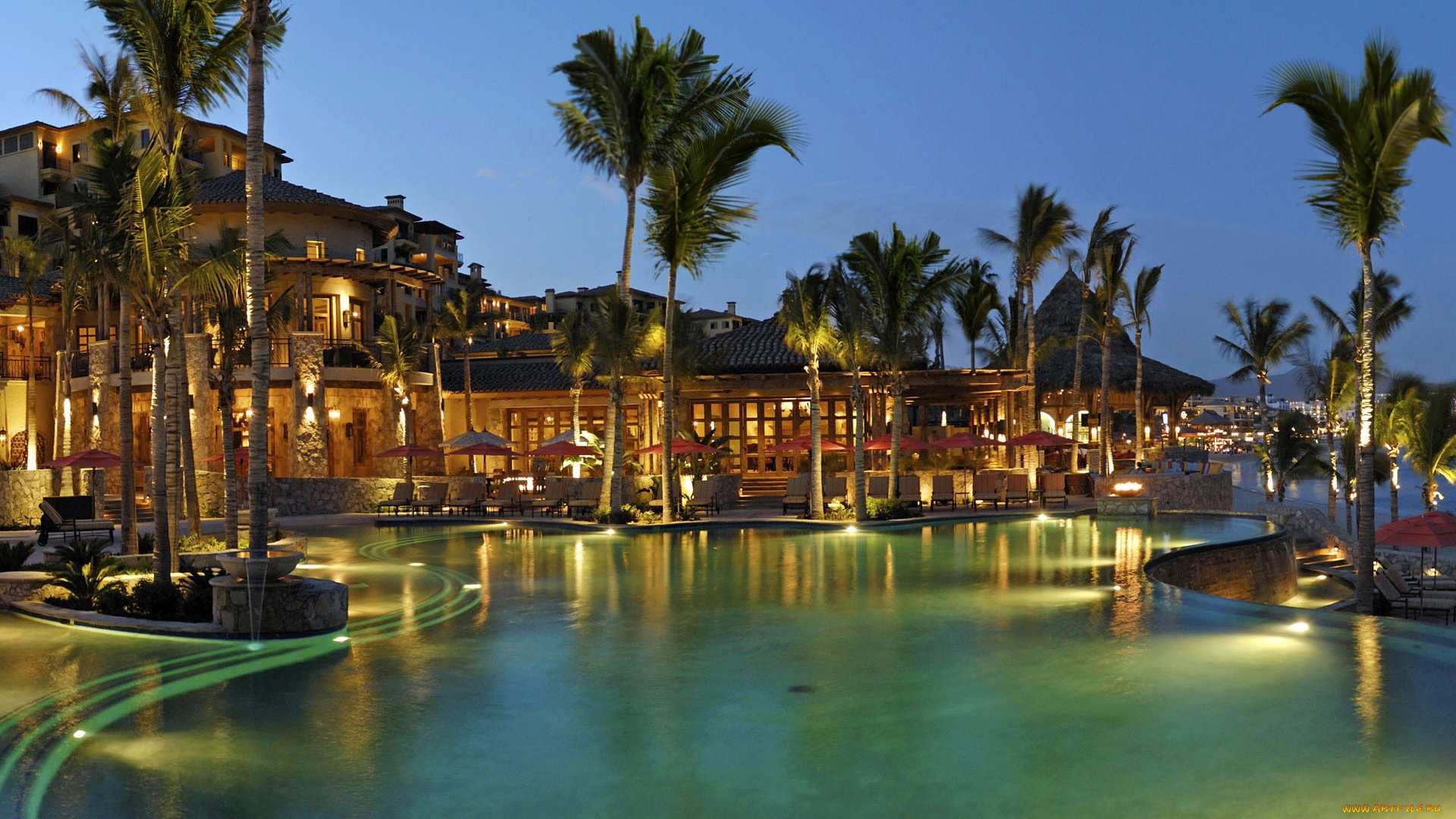 интерьер, бассейны, открытые, площадки, отель, пальмы, бассейн