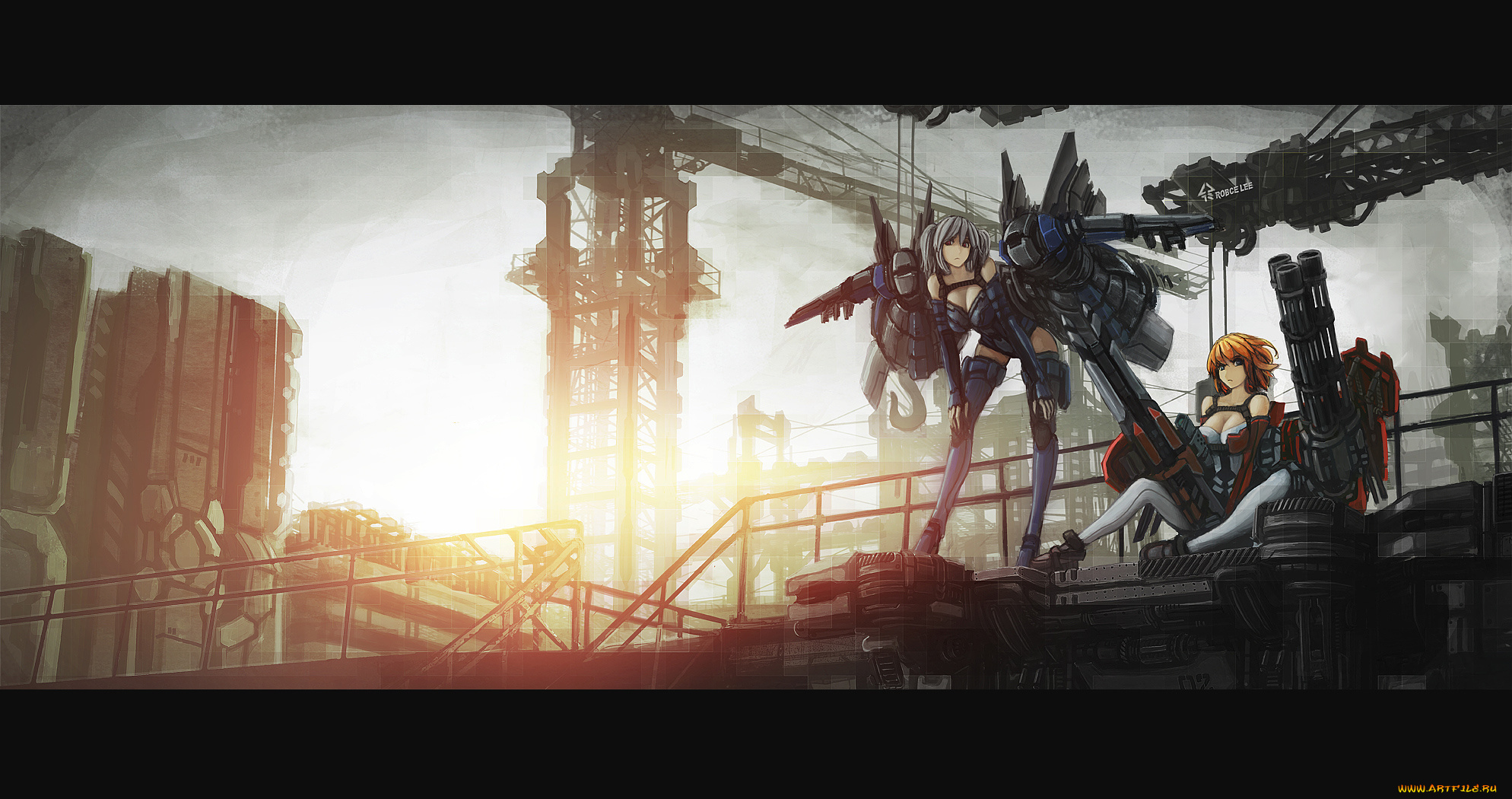 аниме, weapon, blood, technology, стройка, девушки, оружие, рассвет
