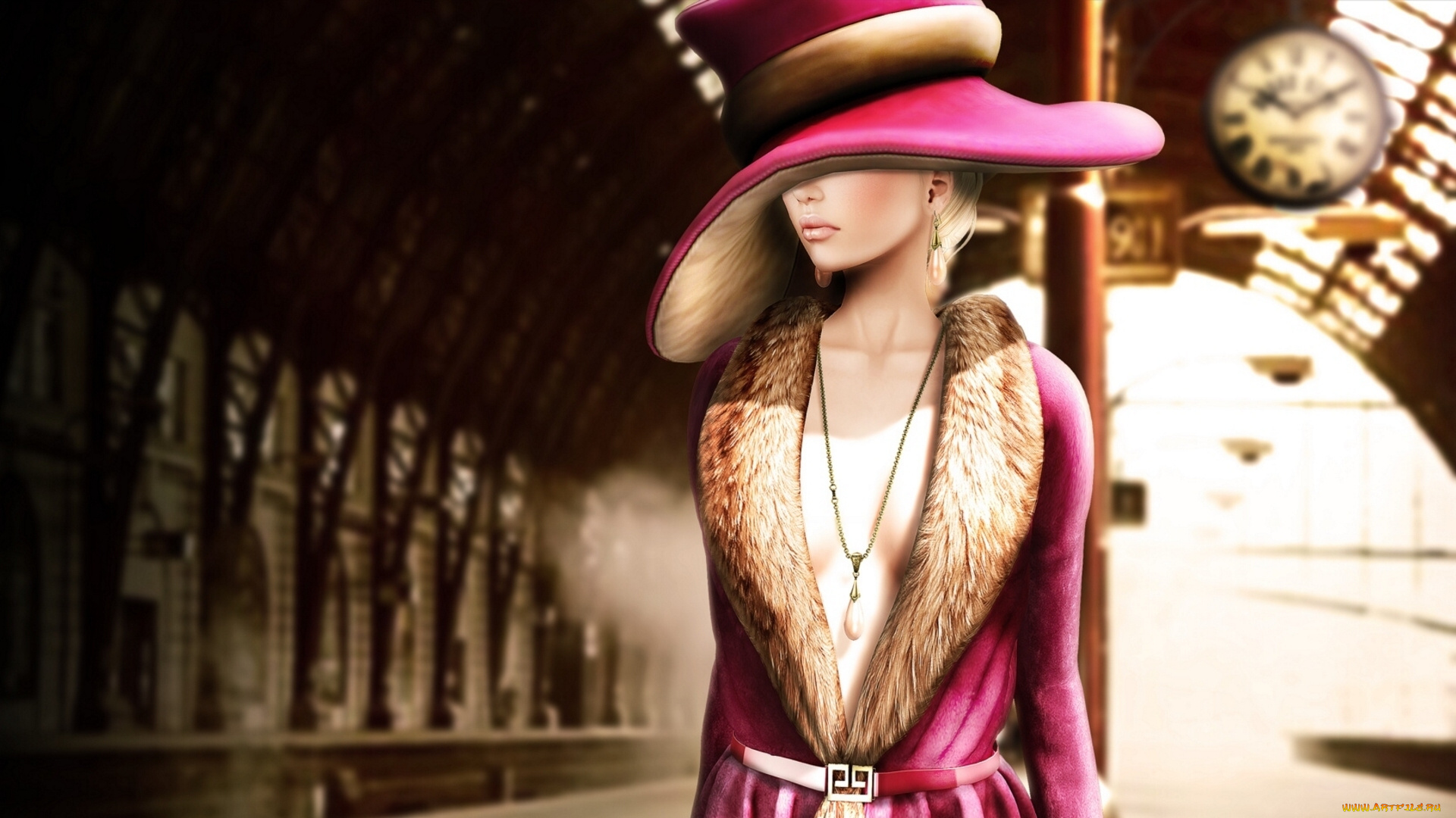 3д, графика, people, люди, девушка, шляпа, декольте, вокзал