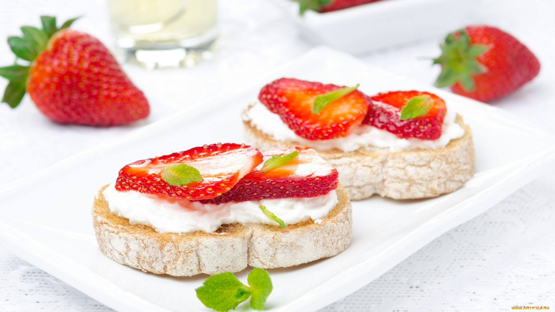 еда, бутерброды, гамбургеры, канапе, брускетта, клубника, мята, творог