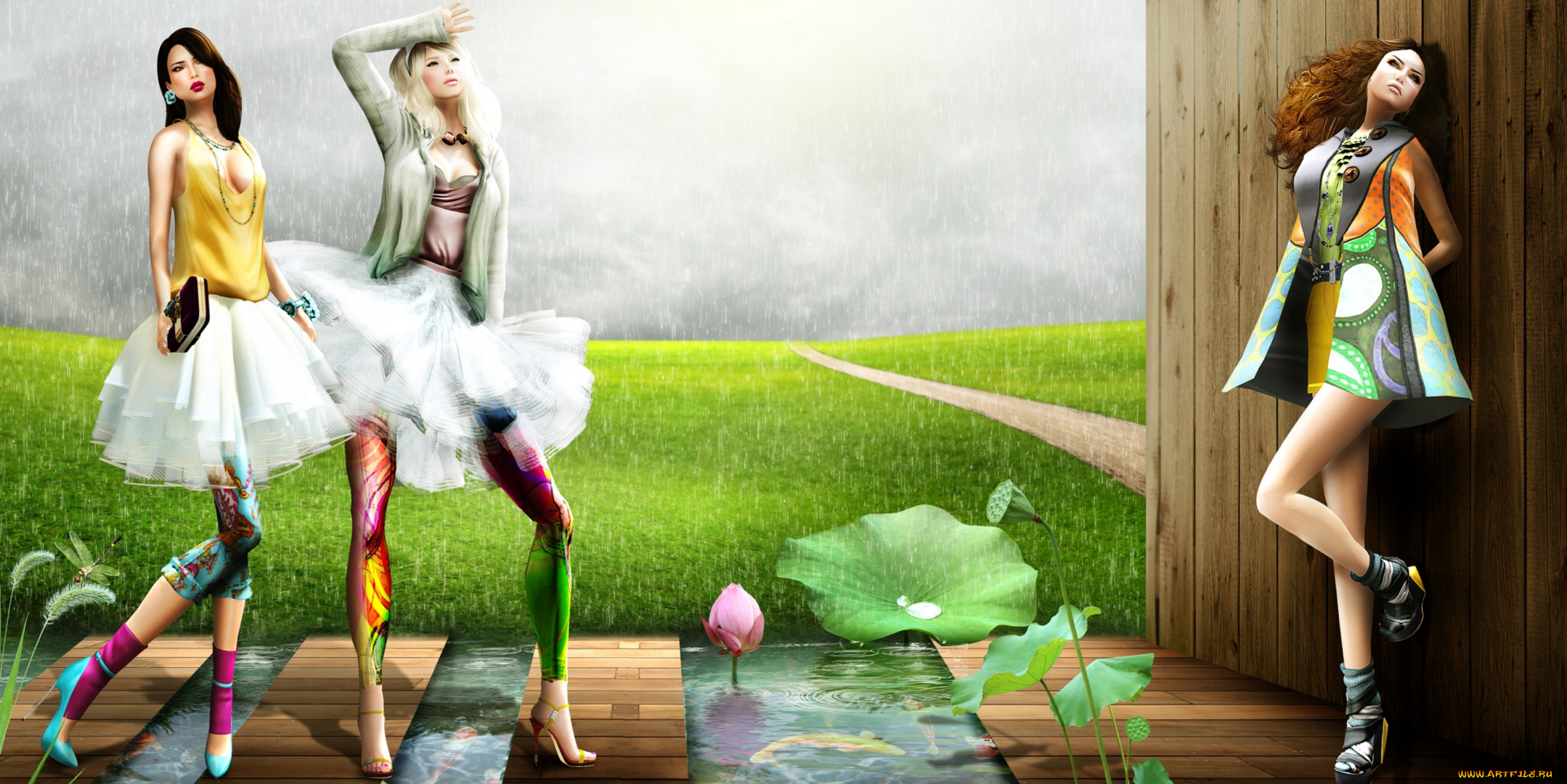 3д, графика, people, люди, дождь, дорога, поле, лотос, девушки