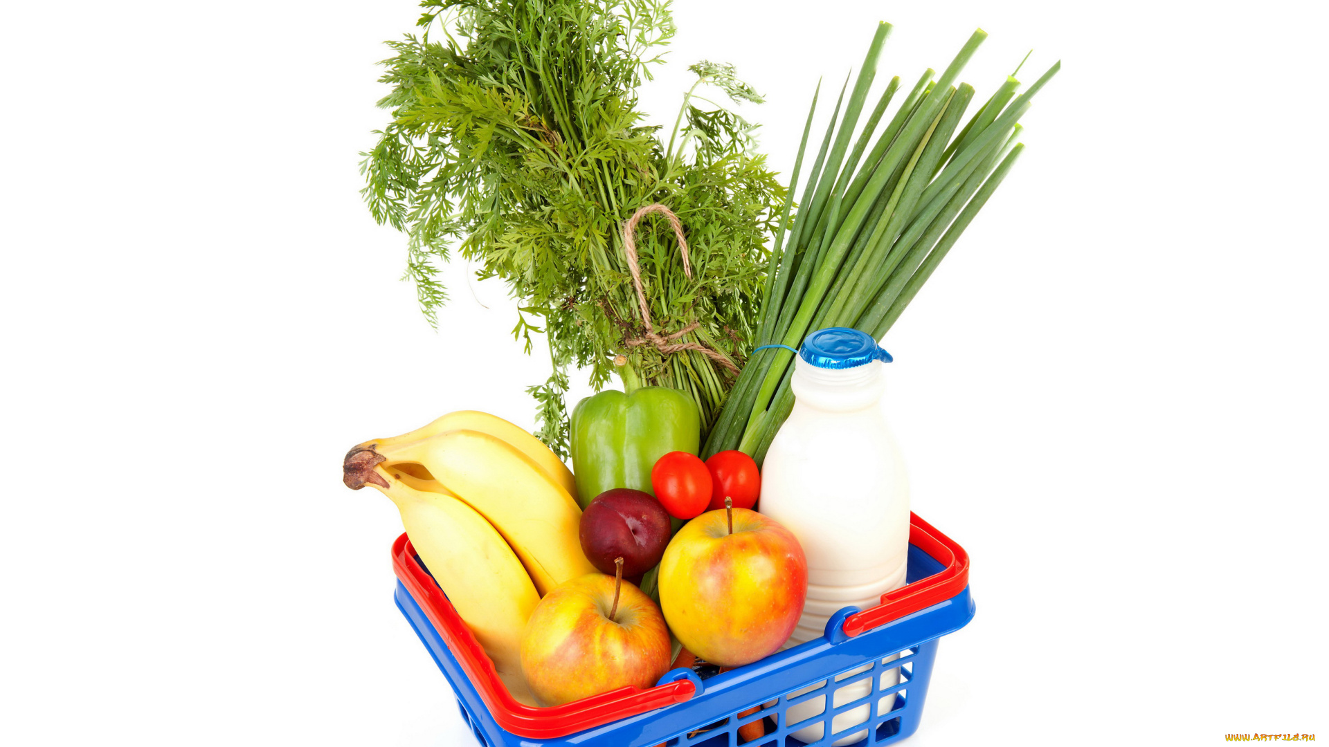 еда, фрукты, и, овощи, вместе, перец, корзинка, лук, сливы, яблоки, молоко, персики, бананы