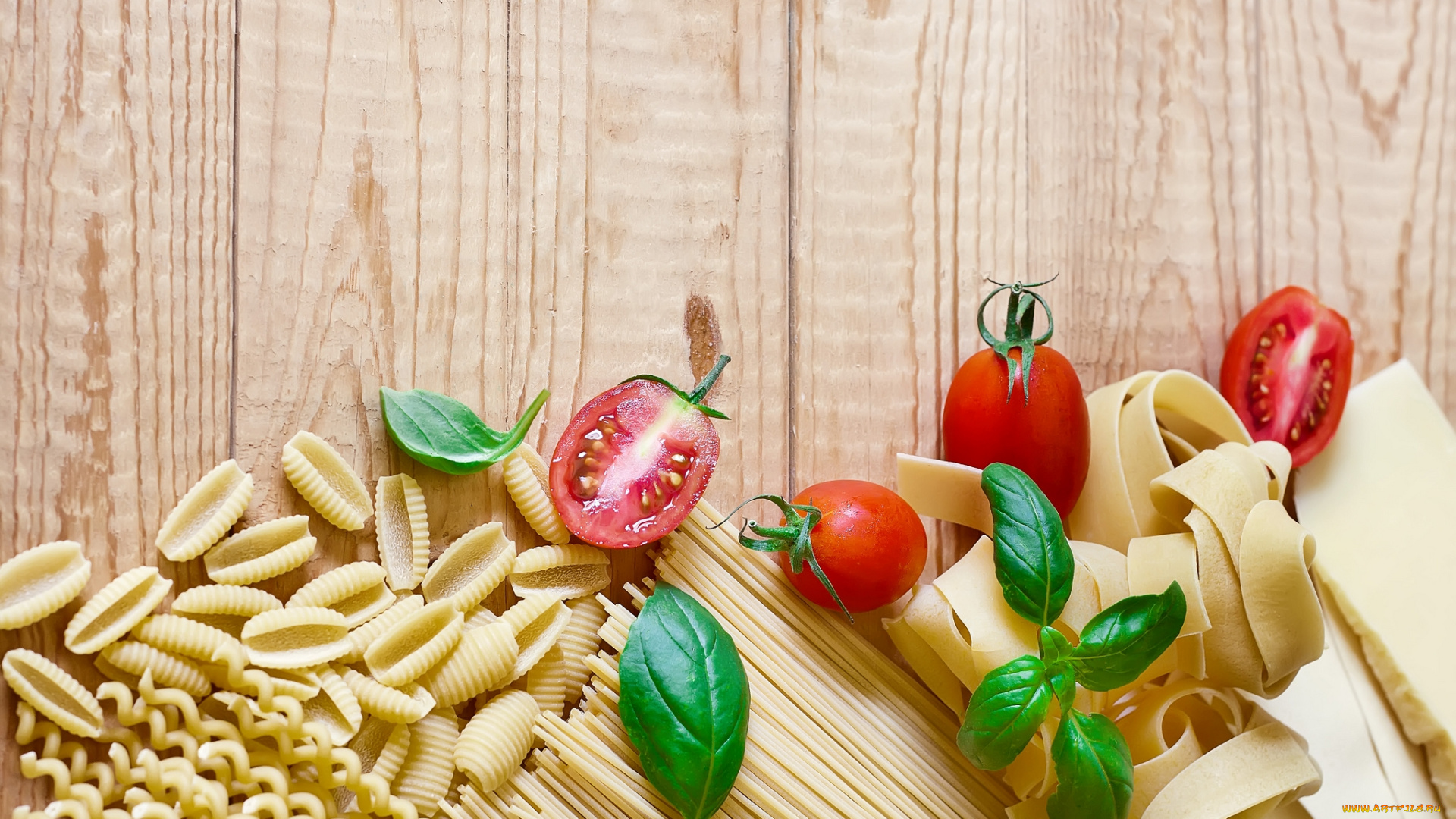 еда, макаронные, блюда, паста, базилик, помидор