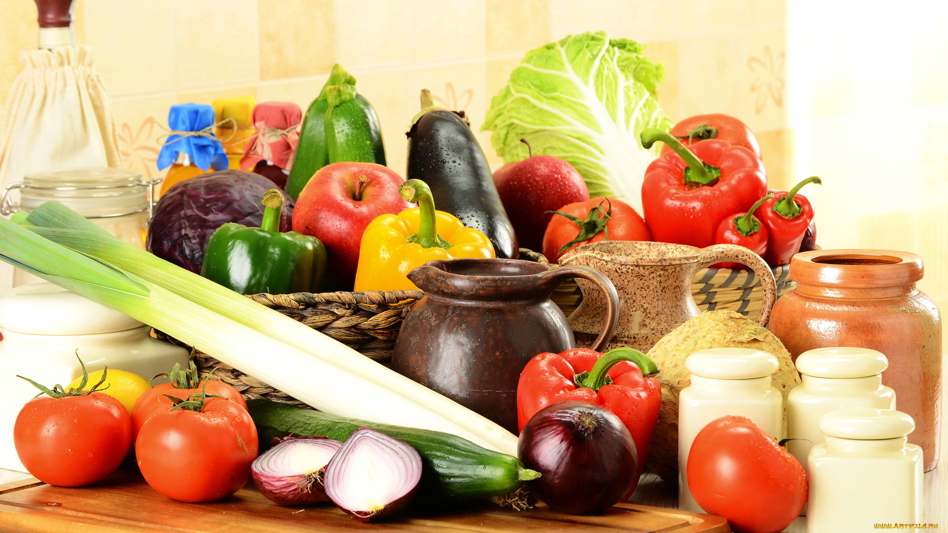 еда, овощи, огурец, лук, кувшин, перец, баклажан, помидоры