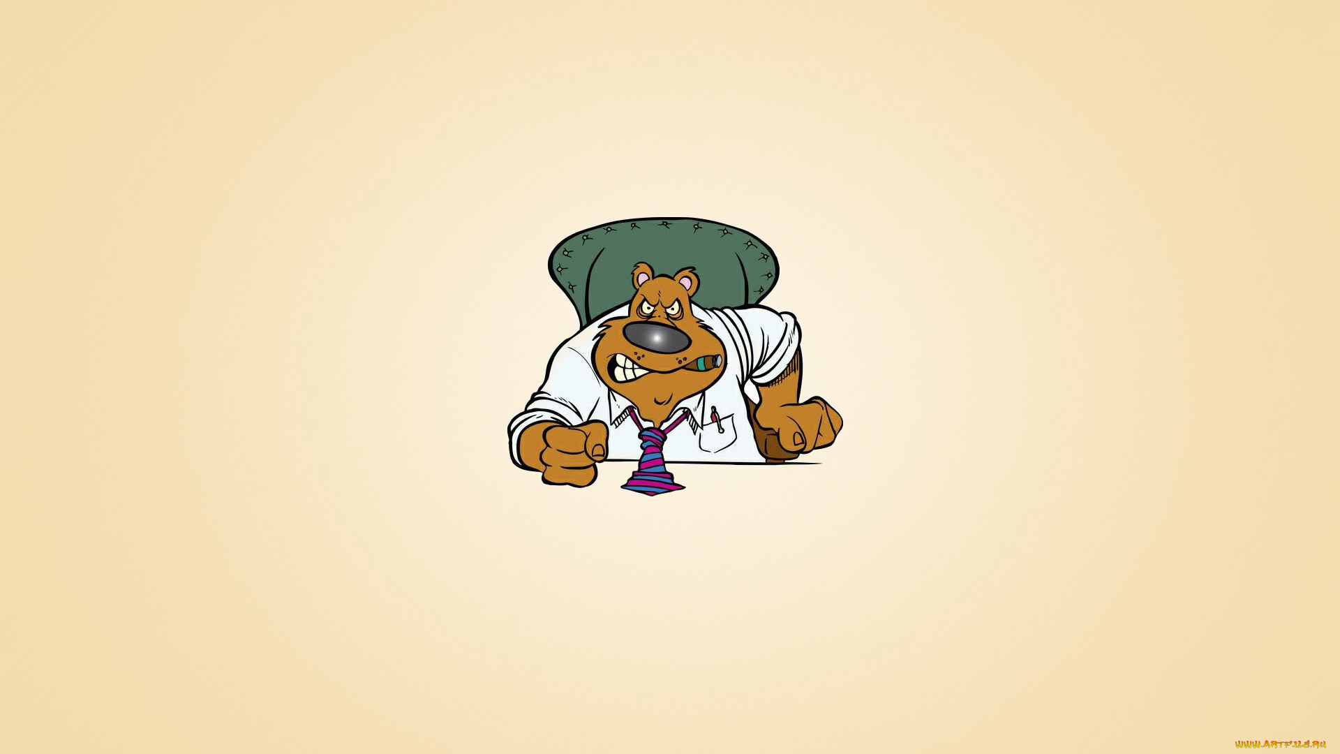 рисованные, минимализм, галстук, кулак, медведь, босс, светлый, фон, сидит, сигара, стул, злой