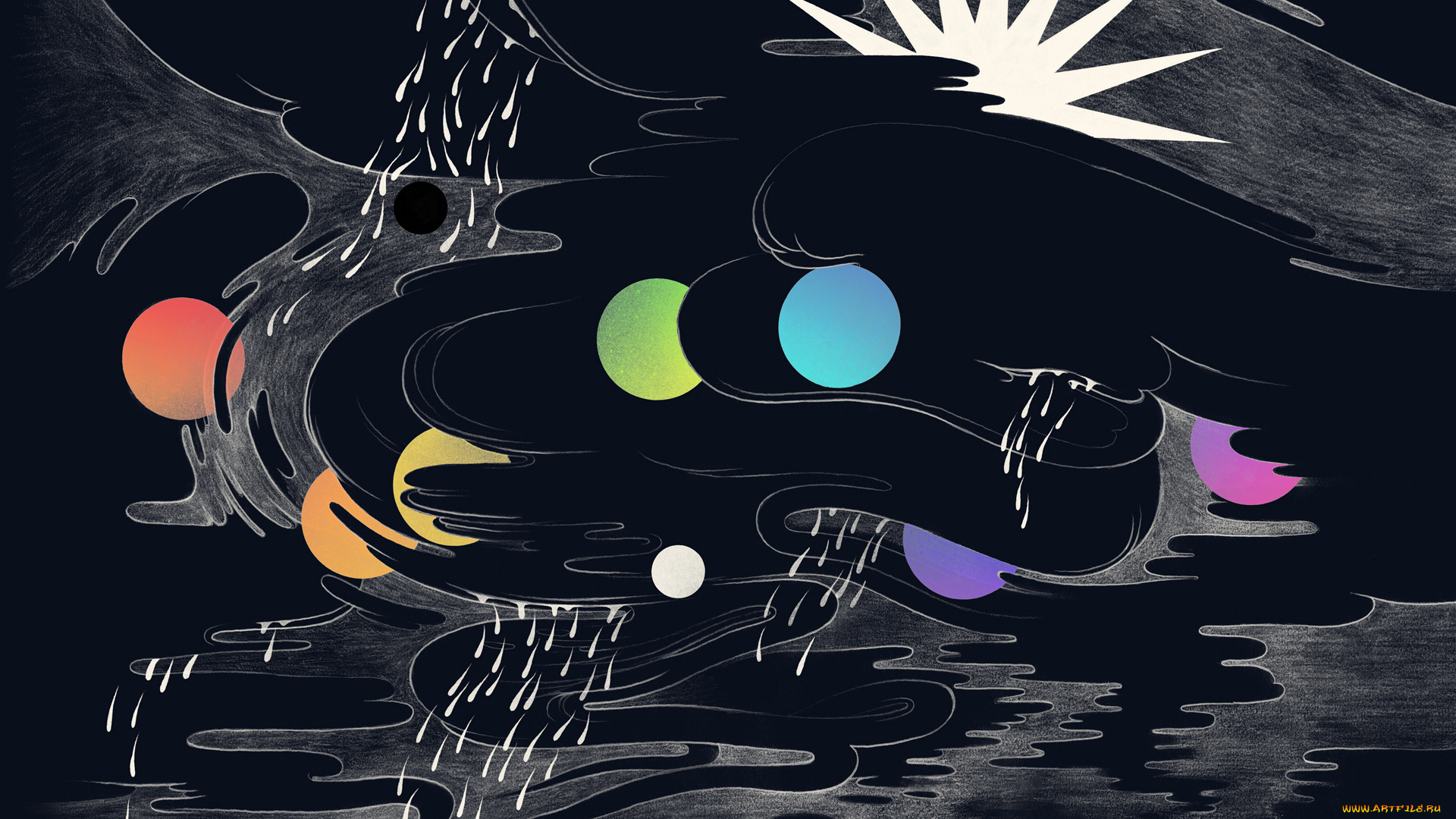 рисованные, минимализм, солнце, луна, круг, цвет, дождь, туча, облака