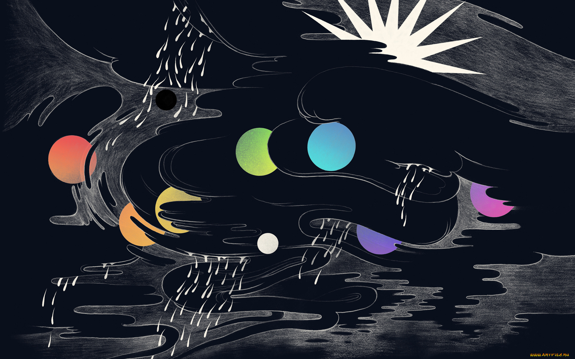 рисованные, минимализм, солнце, луна, круг, цвет, дождь, туча, облака