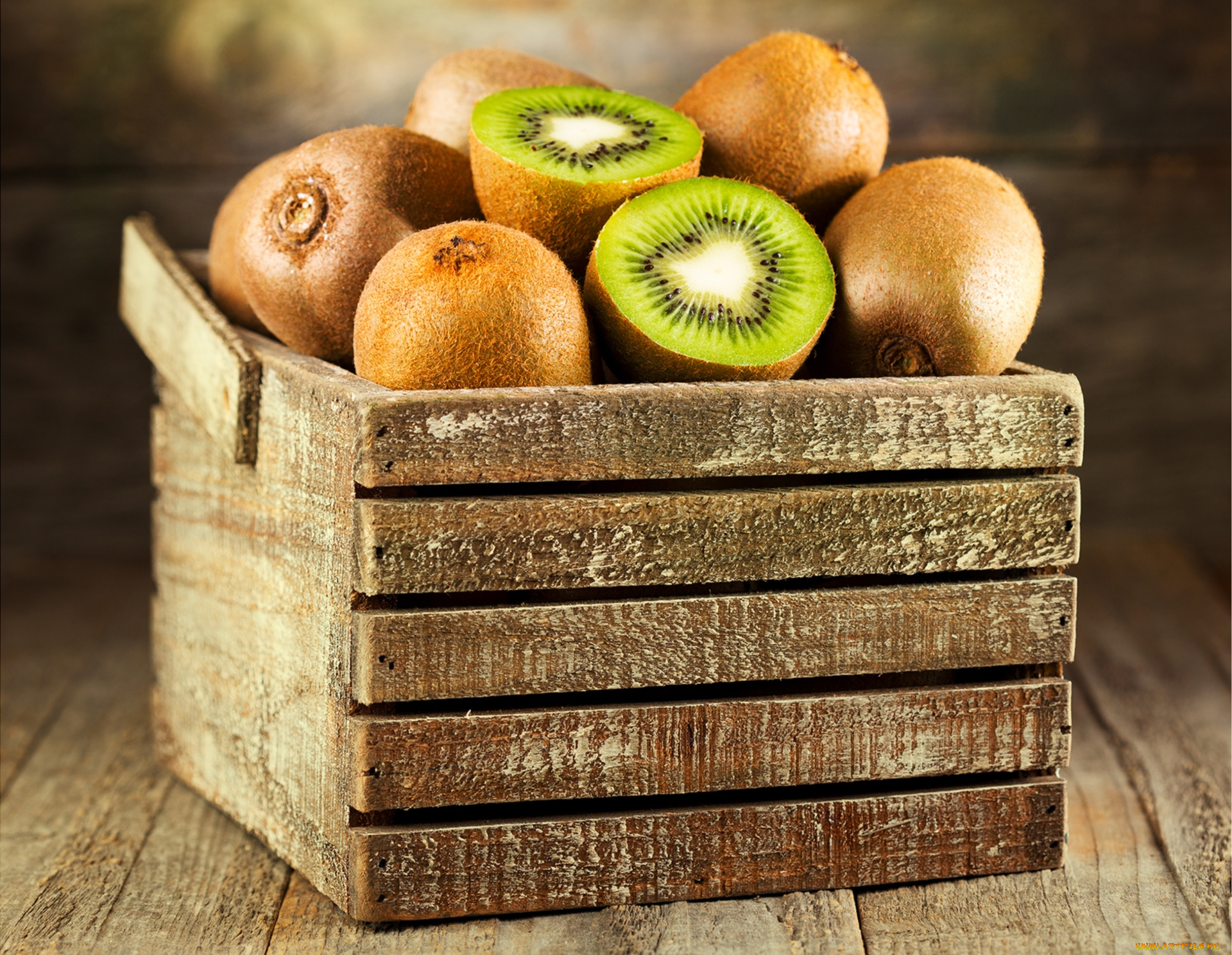 еда, киви, плоды, ящик