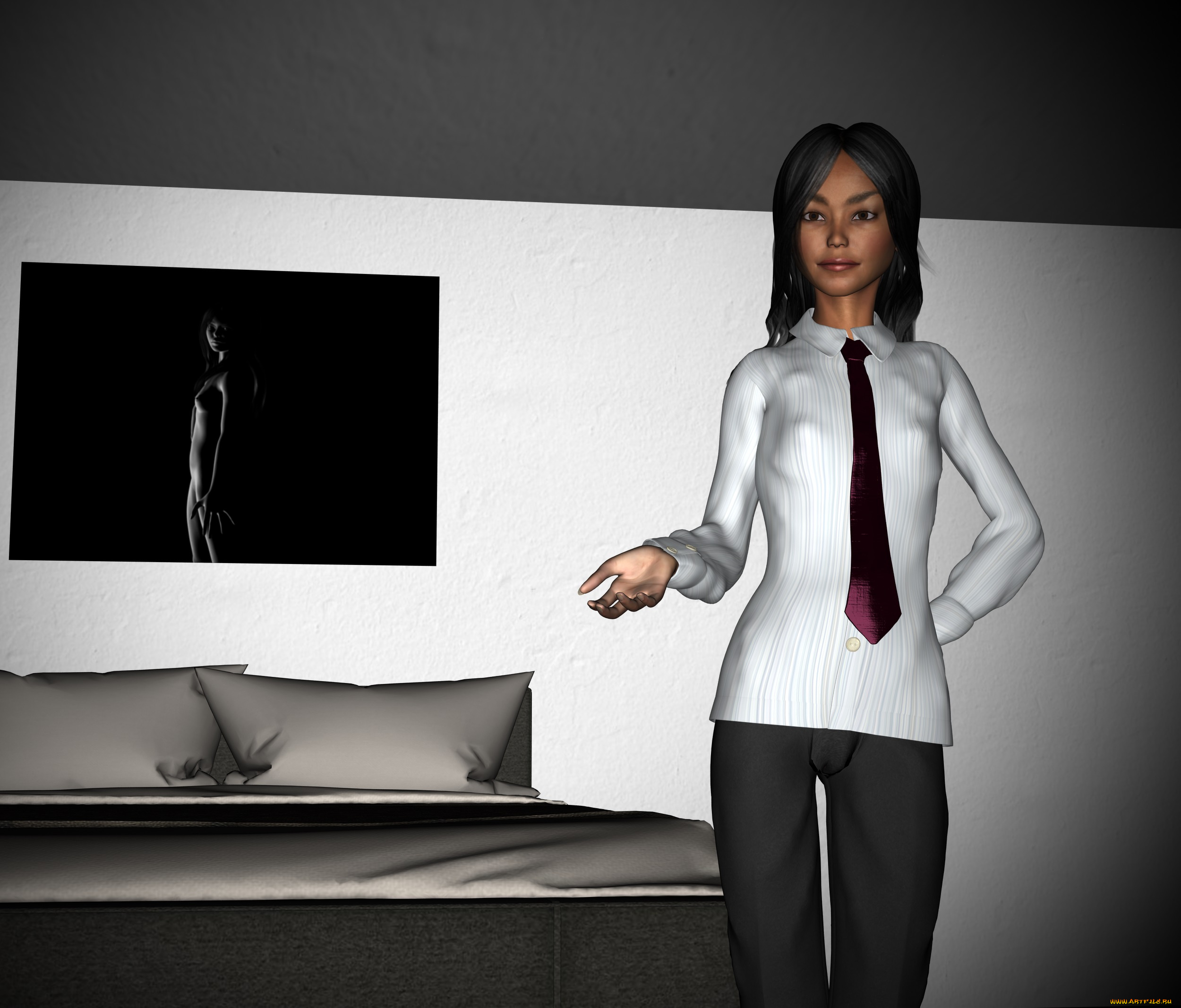 3д, графика, people, , люди, комната, подушки, кровать, галстук, взгляд, девушка