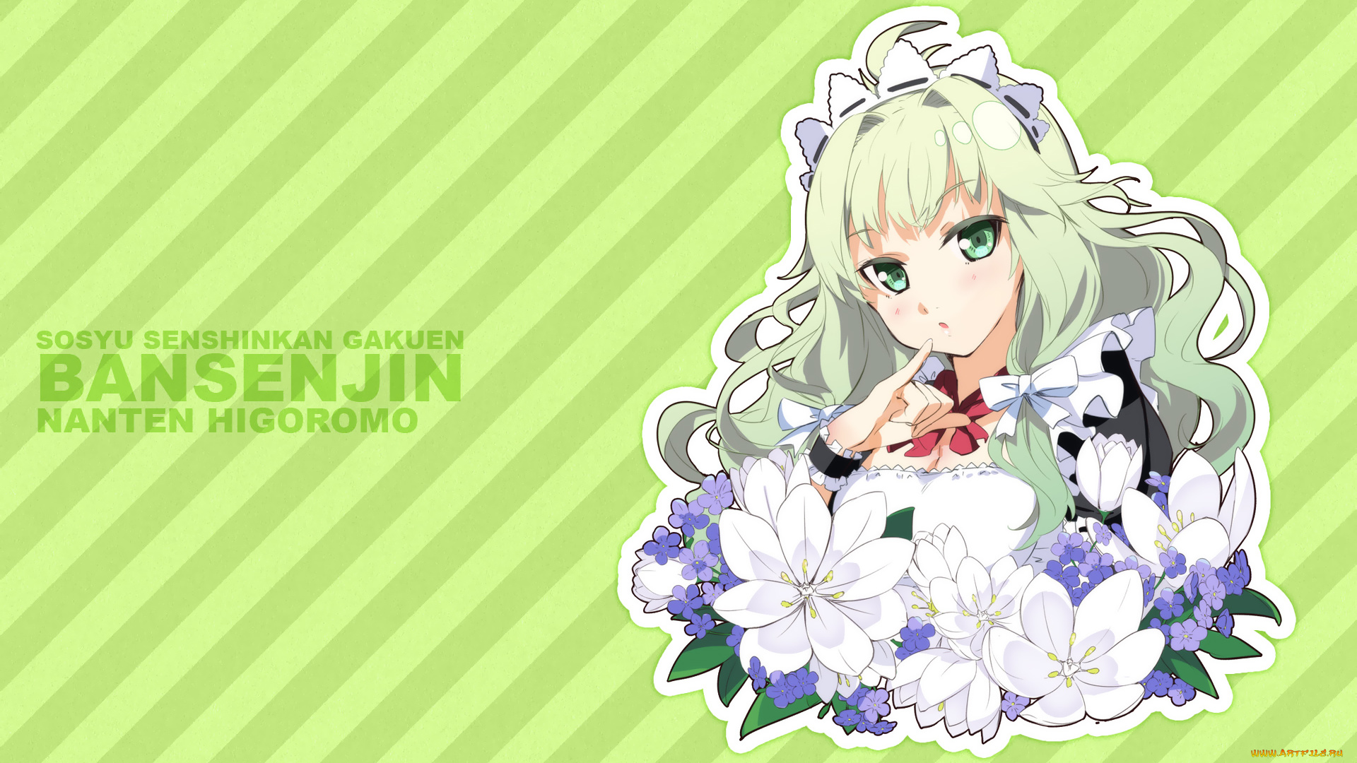 аниме, sousyu, sensinkan-gakuen, hachimyoujin, sousyu, sensinkan-gakuen, bansenjin, зелёный, полоски, фон, higoromo, nanten, g-yuusuke, портрет, девушка, цветы
