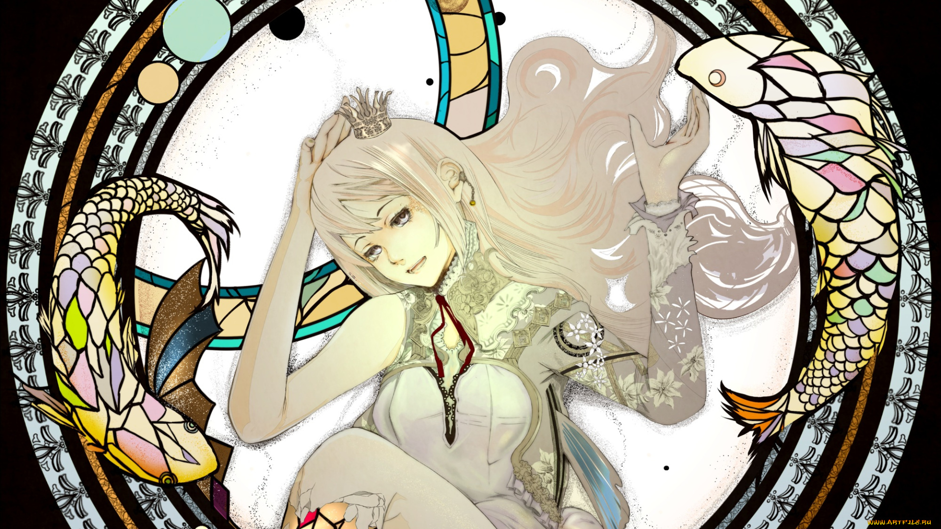 аниме, vocaloid, megurine, luka, девушка, арт, plantroom9, nine, круг, рыбы