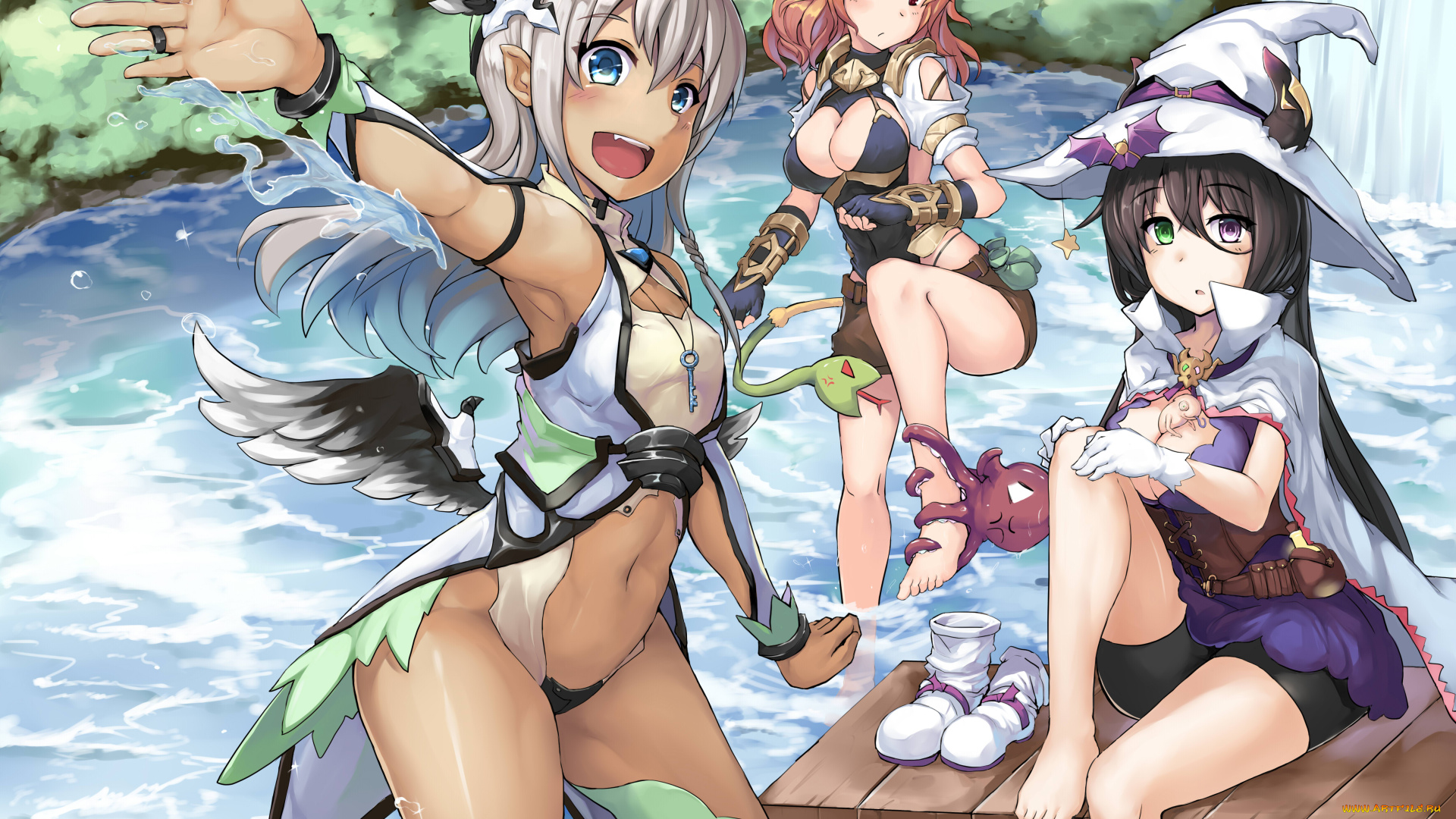 аниме, животные, , существа, лиса, вода, ангел, ведьма, арт, девушки, lu, hao, liang