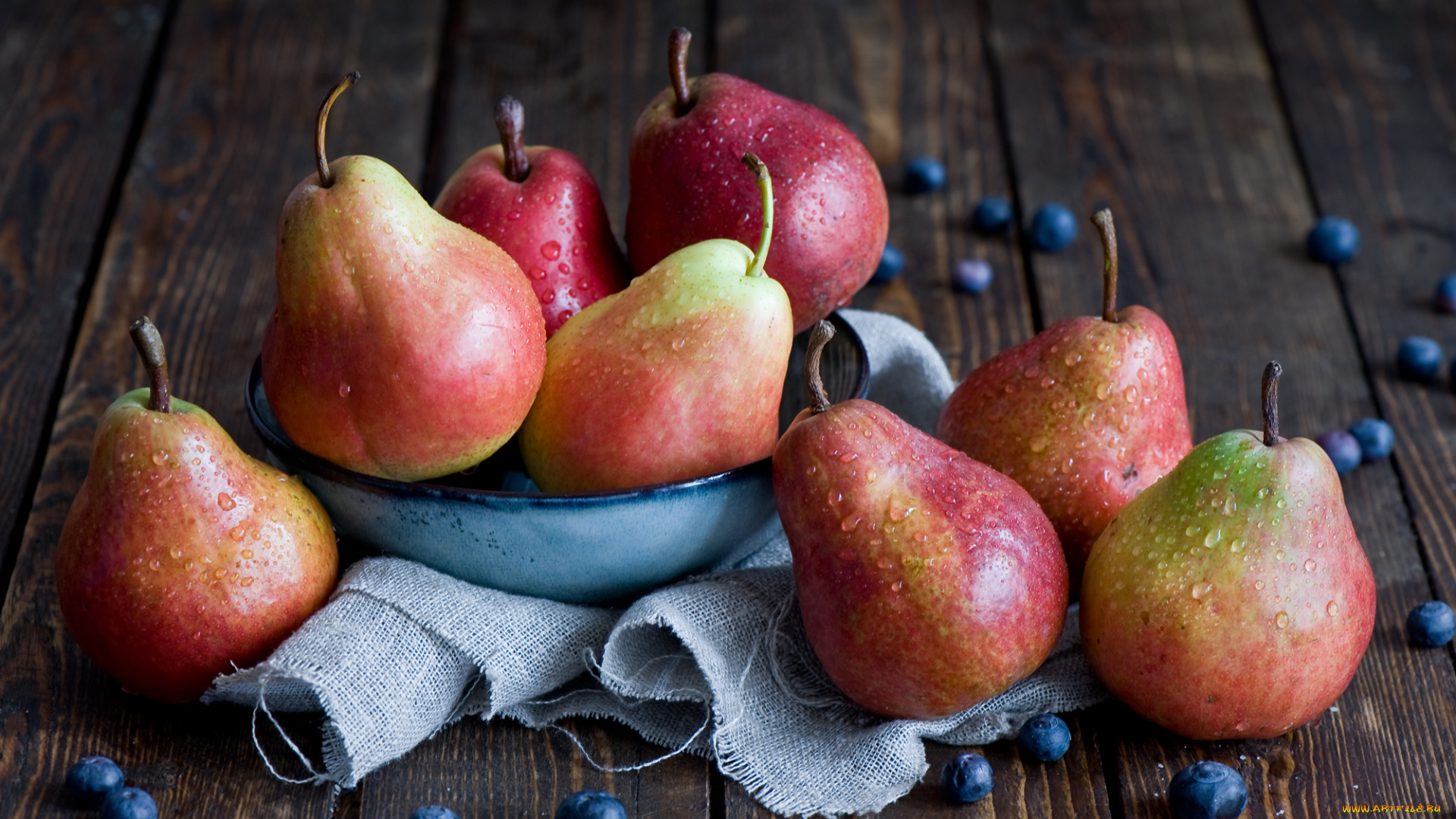 еда, груши, миска, ткань, вода, капли, черника, ягоды