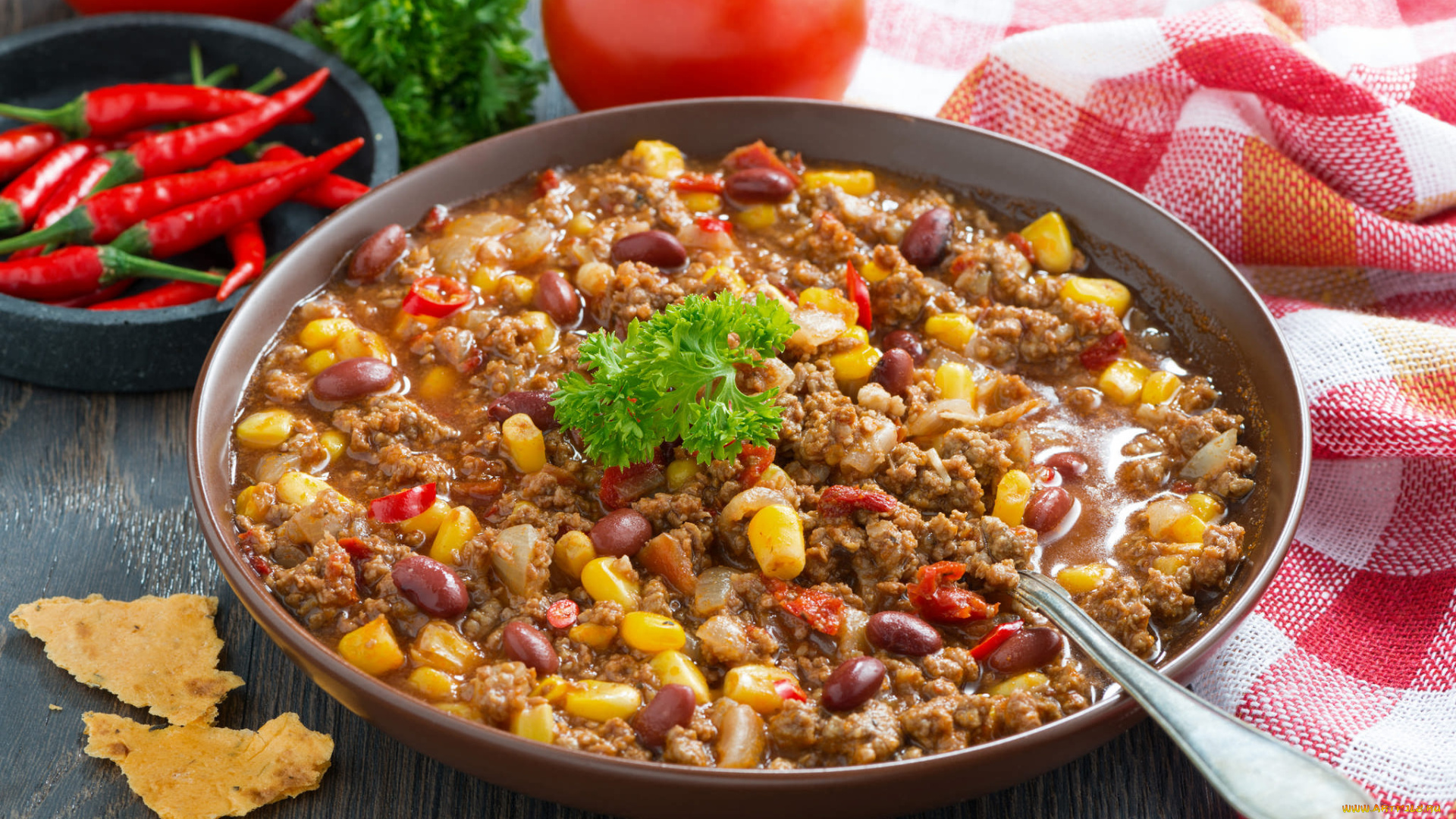 еда, мясные, блюда, чили, кон, карне, кукуруза, фасоль, мясо, перец, помидор, петрушка, блюдо, мексиканский