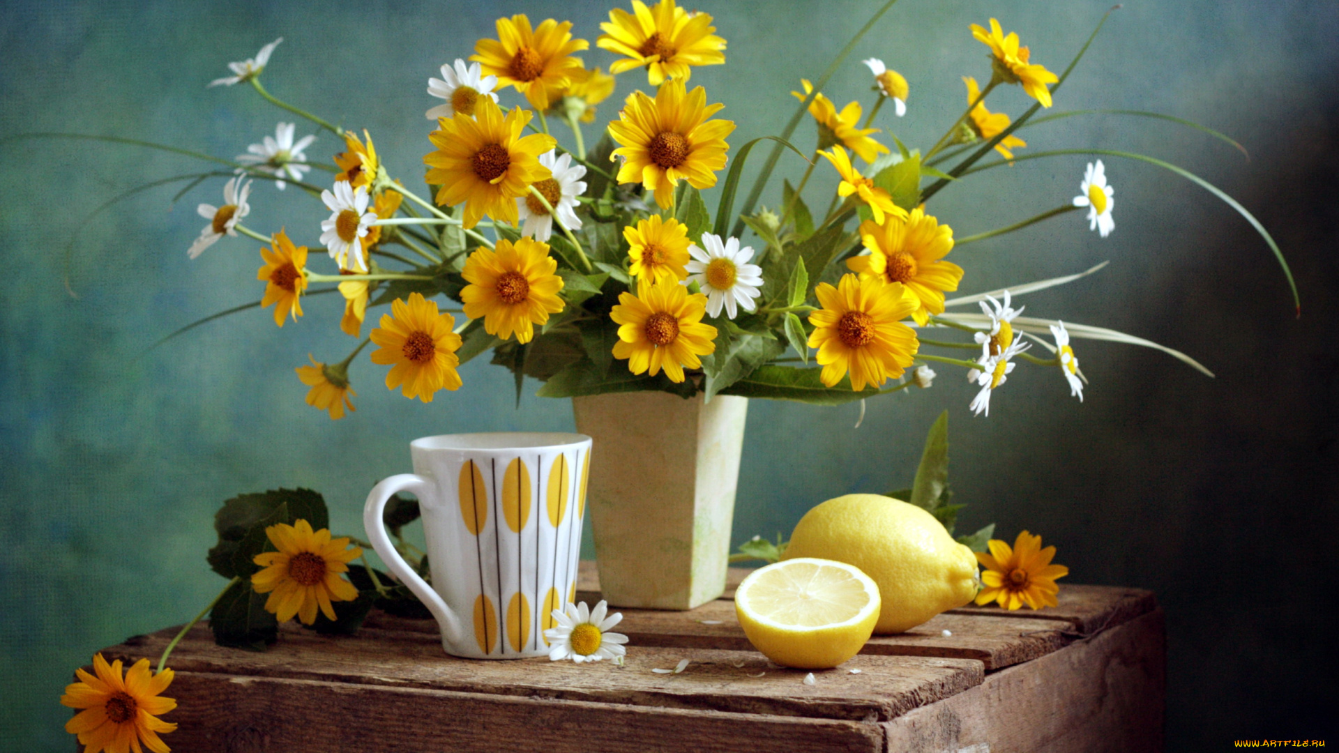еда, натюрморт, лимон, чашка, букет