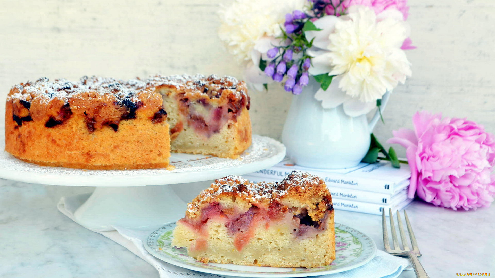 еда, пироги, фруктовый, пионы