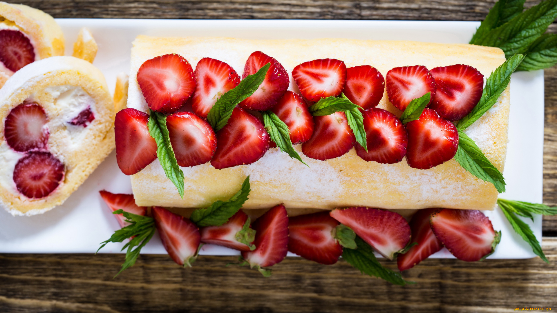 еда, пироги, пирог, рулет, клубника