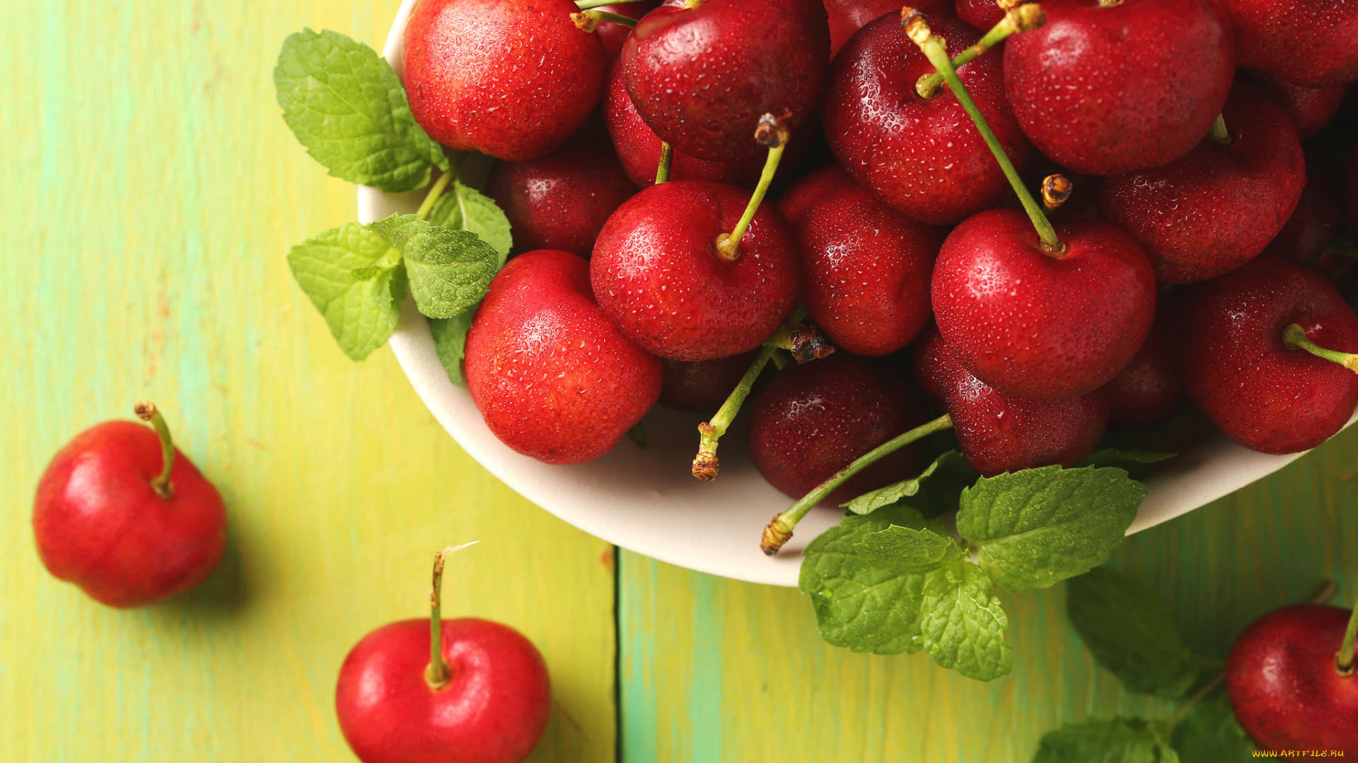 еда, вишня, , черешня, мята, красные, ягоды, вишни