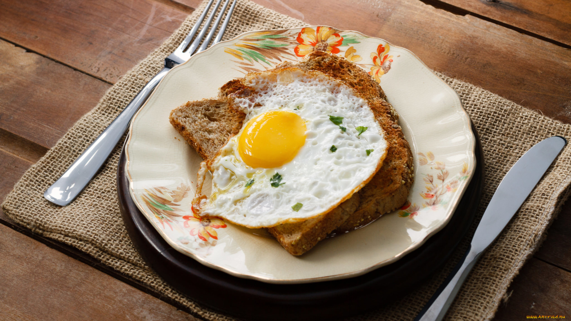 еда, Яичные, блюда, вилка, нож, яичница, яйцо, хлеб