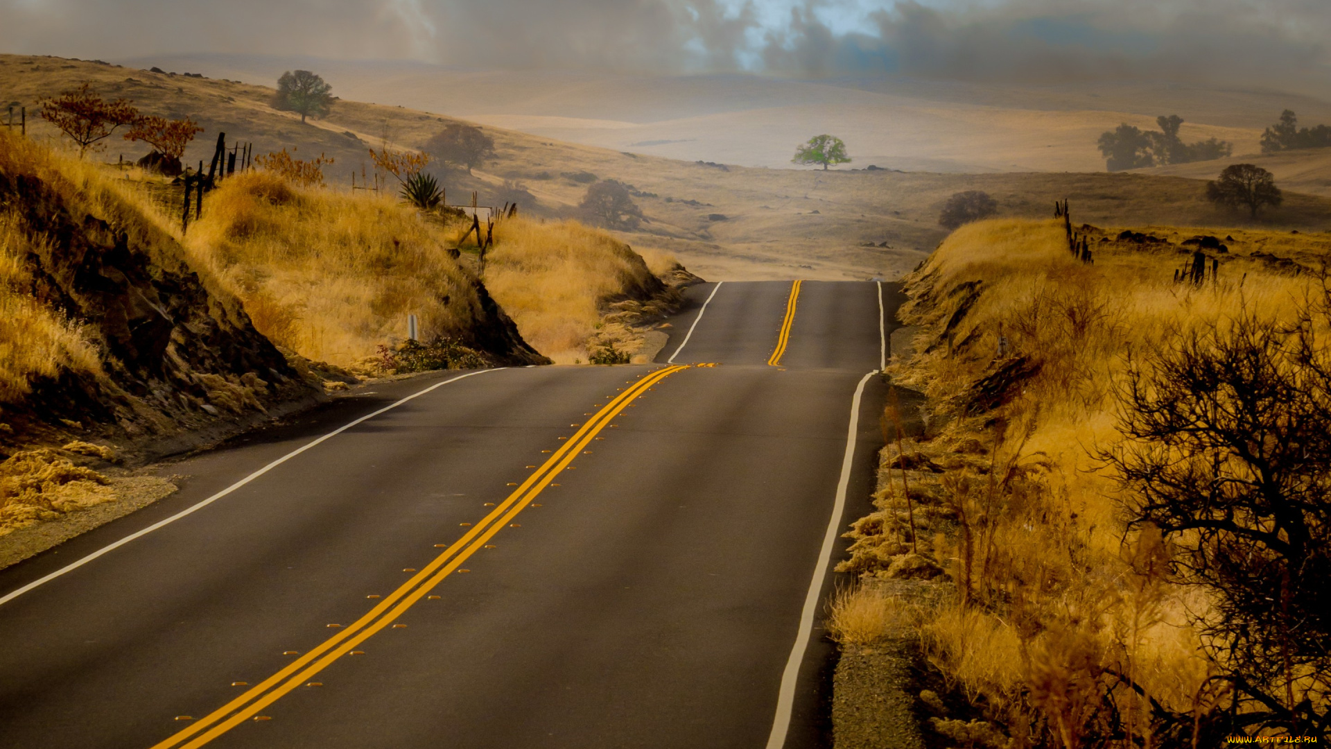 природа, дороги, дорога, холмы, деревья, серые, облака, буря