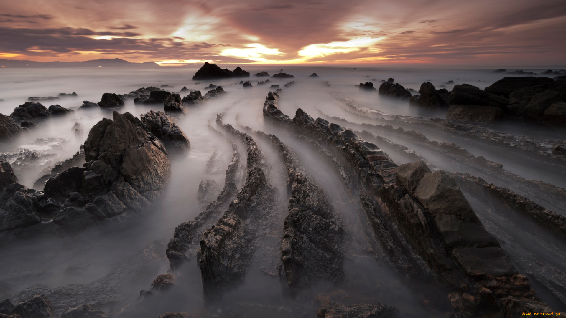 природа, побережье, испания, баррика, зима, февраль, вечер, закат, небо, облака, пляж, скалы, камни, море, выдержка