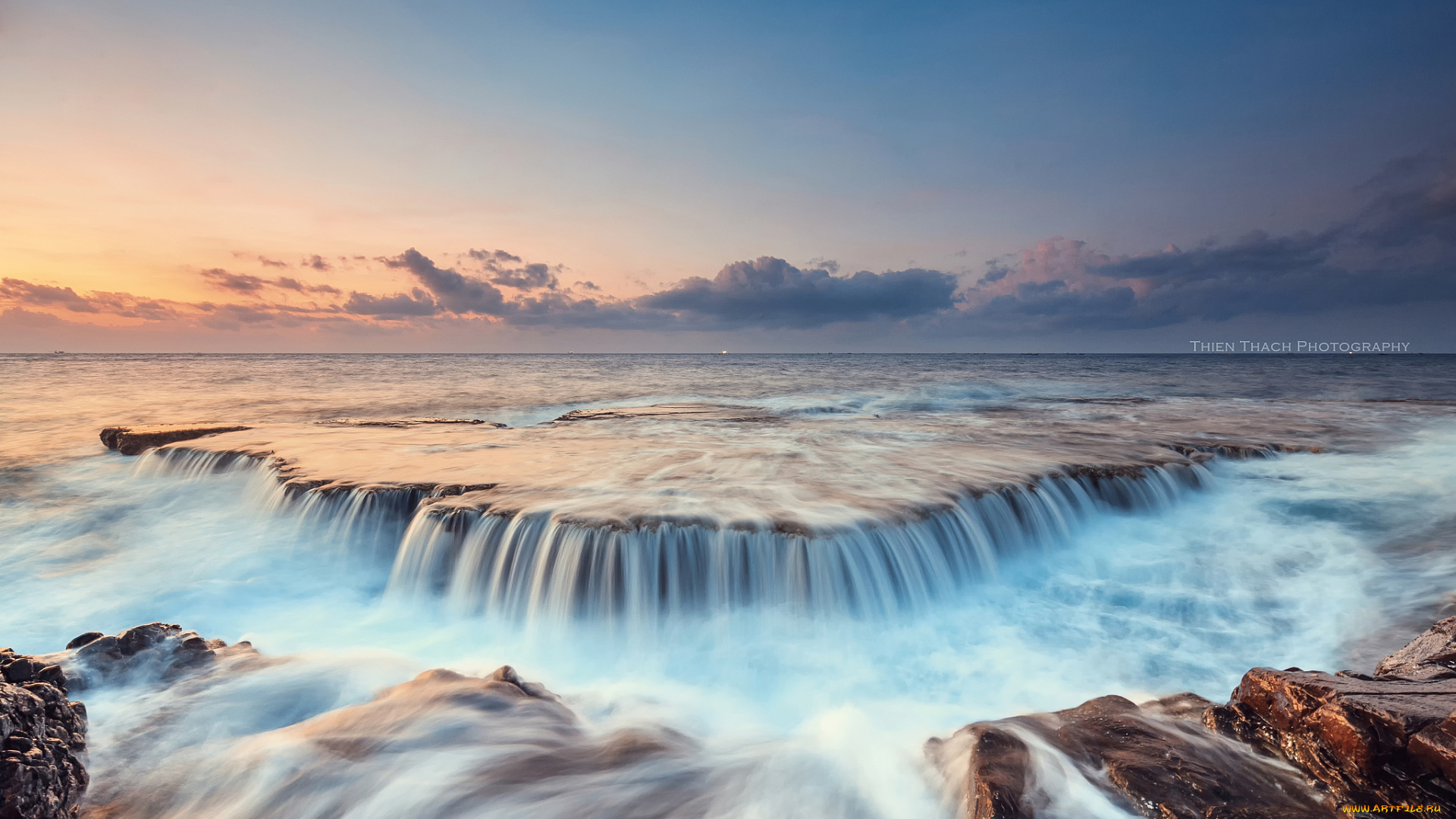 природа, побережье, море, потоки, камни, скалы, облака