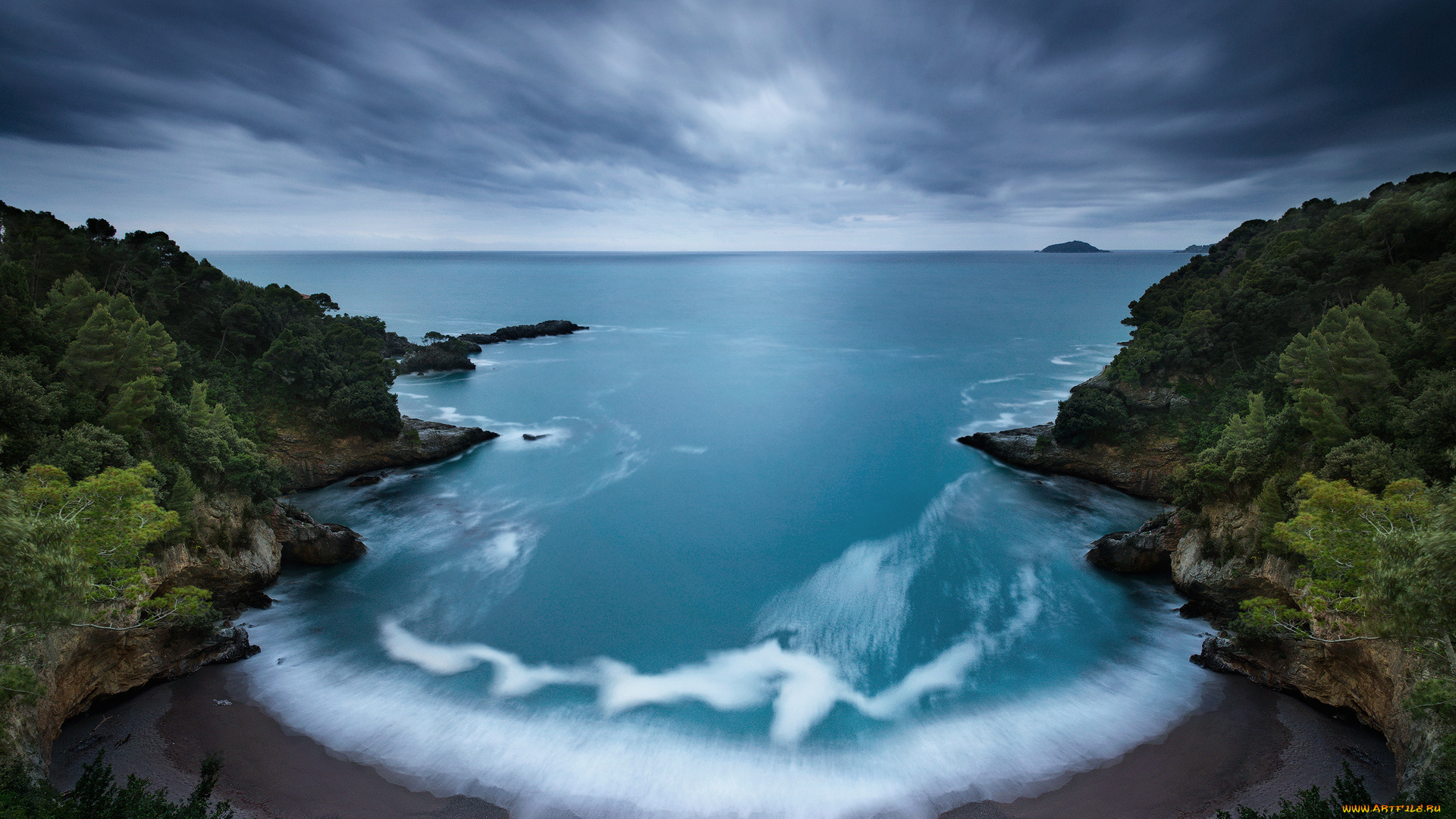 природа, побережье, утро, небо, облака, выдержка, море, волны, пляж, скалы, деревья