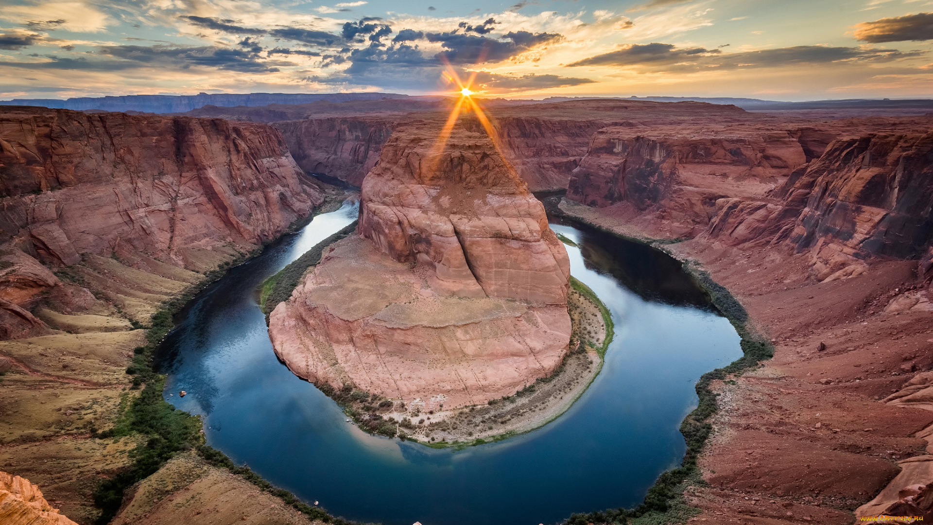 природа, реки, озера, сша, штат, колорадо, аризона, река, каньон, подкова, хорсшу-бенд, небо, облака, солнце, лучи
