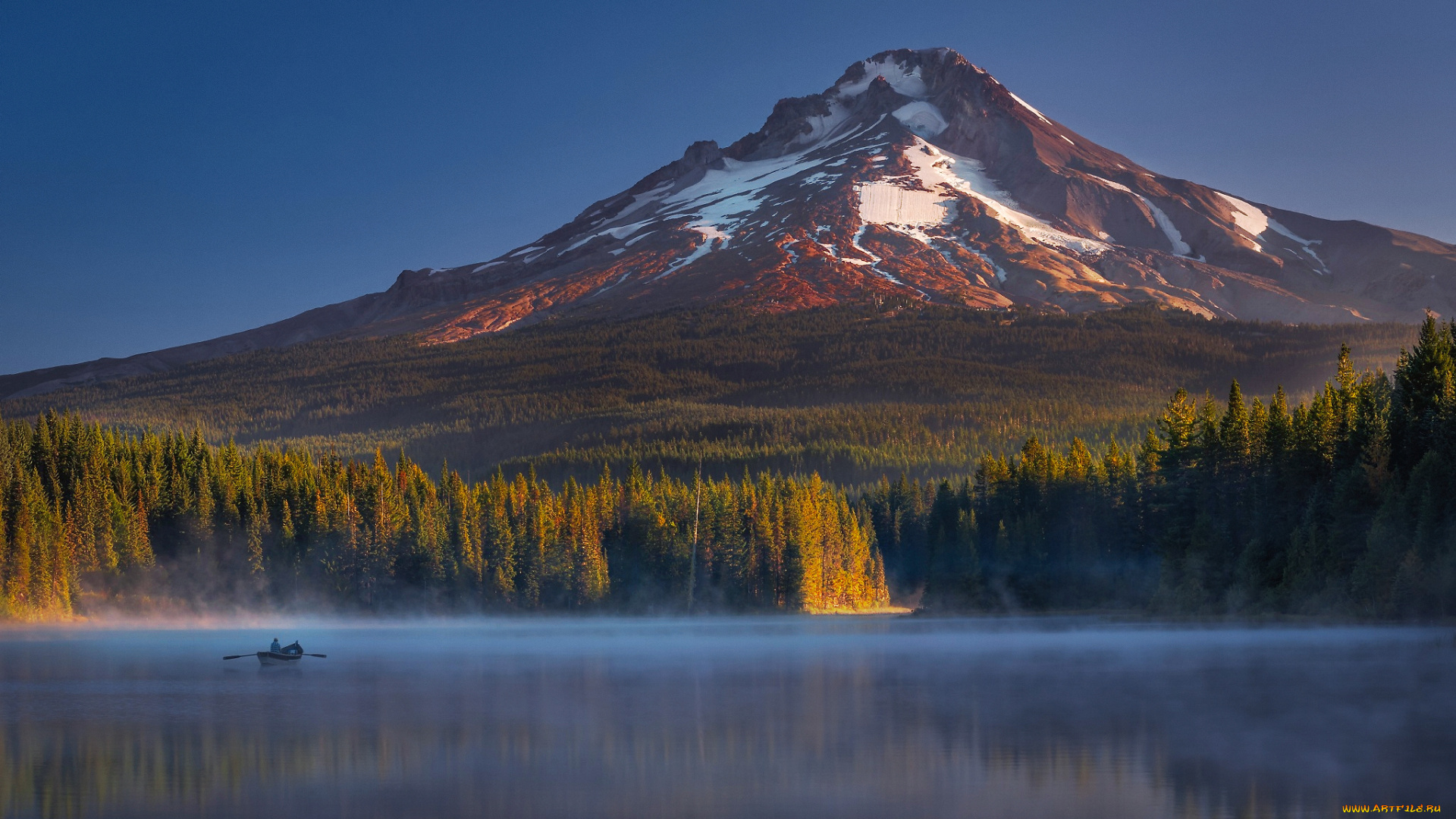 природа, реки, озера, сша, штат, орегон, гора, маунт, худ, озеро, триллиум, осень, лодка, человек, лес, свет, тени