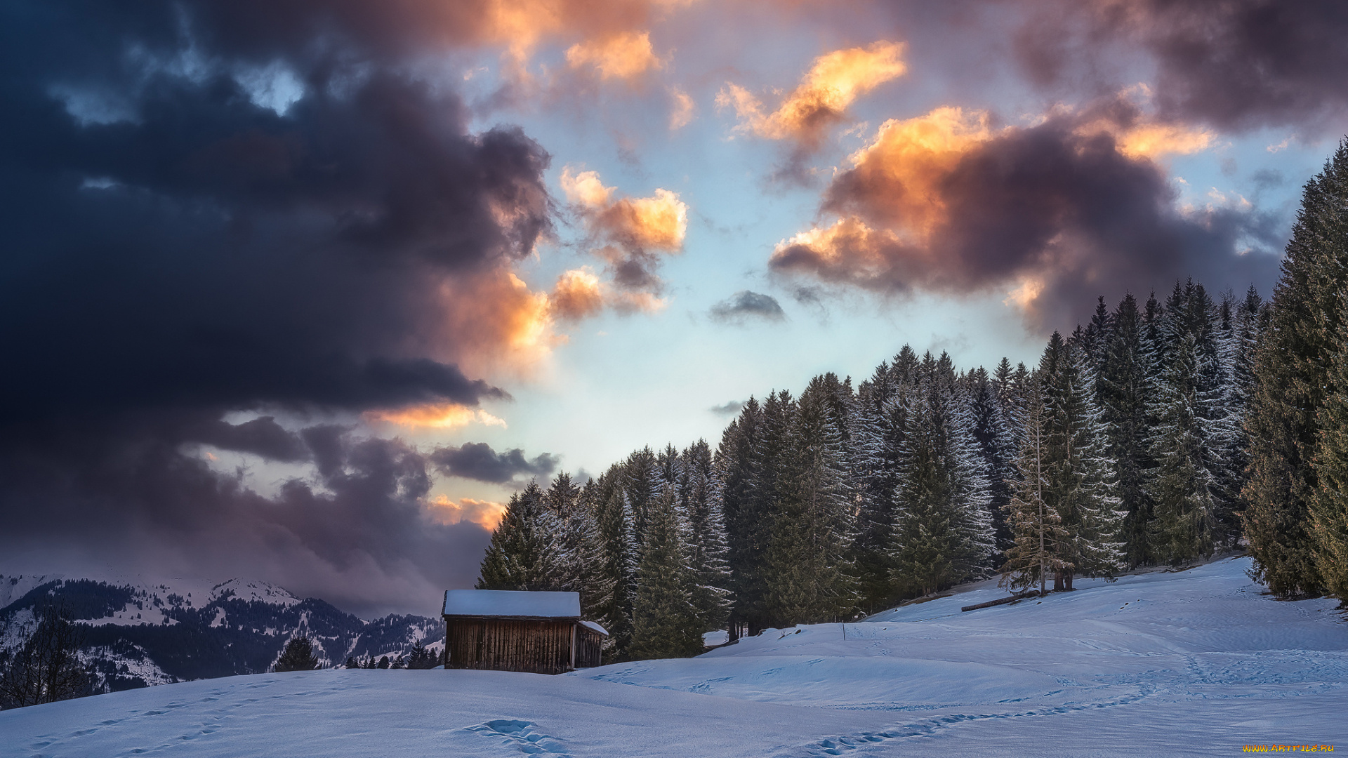 природа, зима, облака, небо, домик, снег, горы, альпы, лес