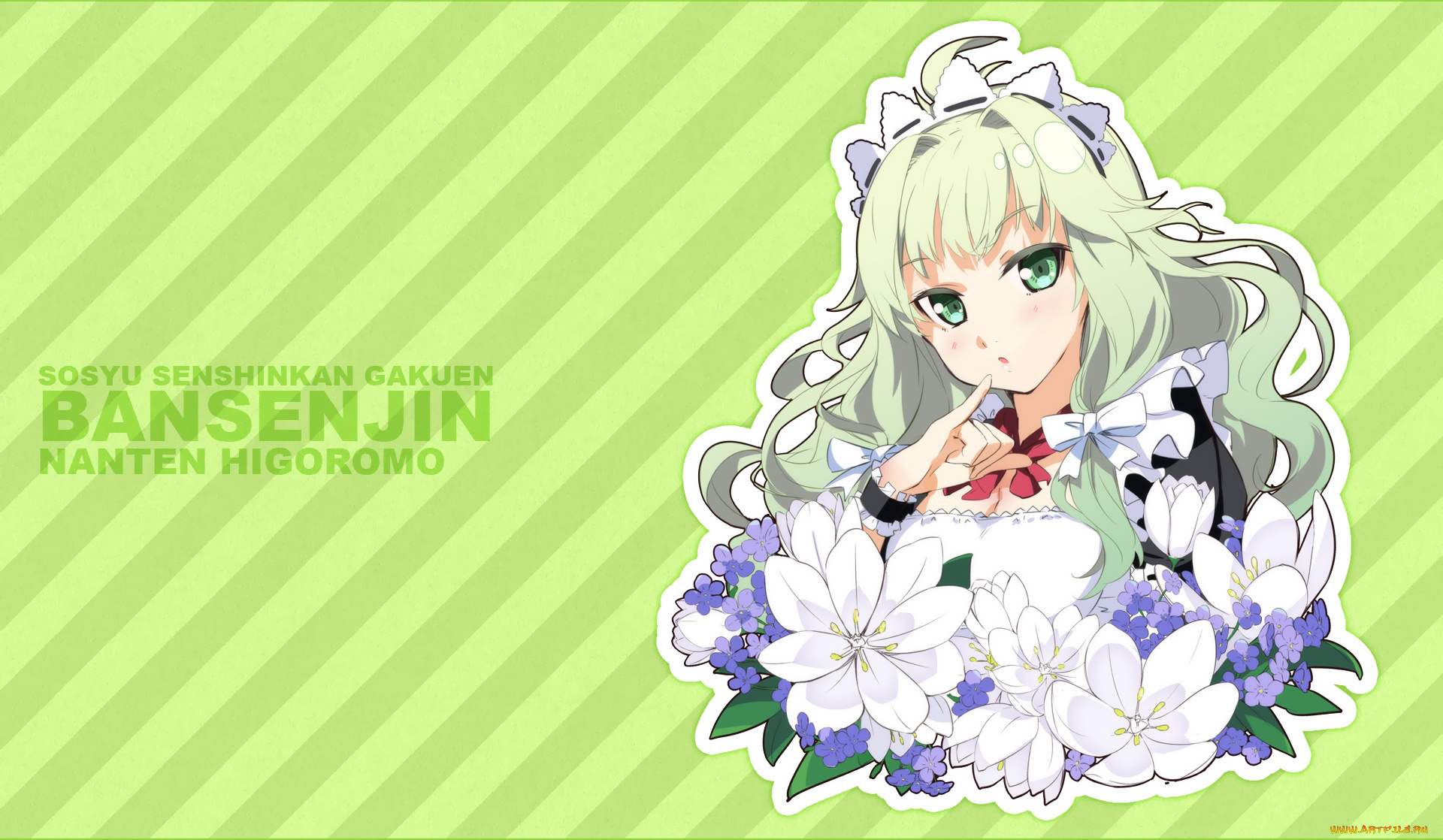 аниме, sousyu, sensinkan-gakuen, hachimyoujin, sousyu, sensinkan-gakuen, bansenjin, зелёный, полоски, фон, higoromo, nanten, g-yuusuke, портрет, девушка, цветы