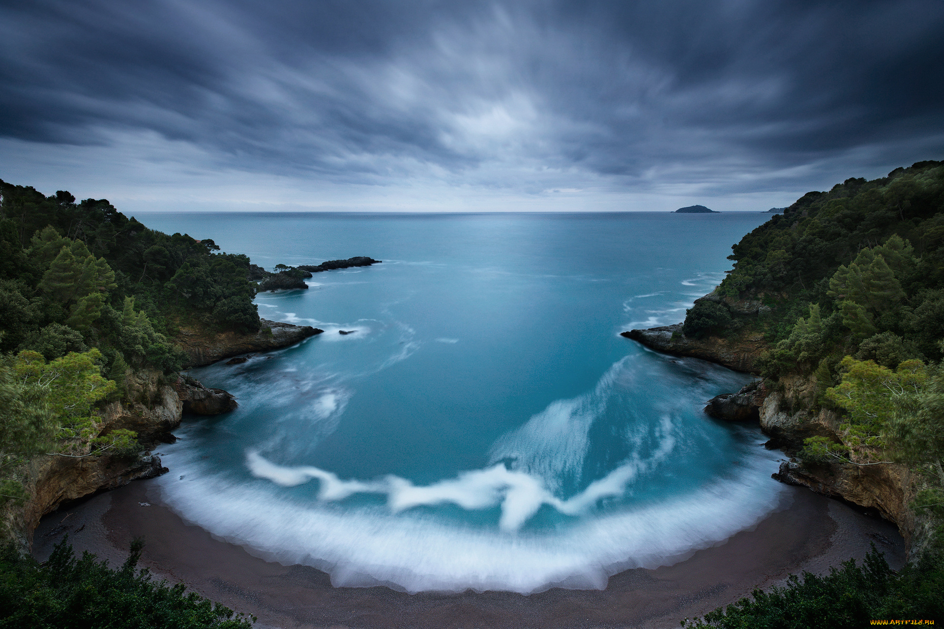 природа, побережье, утро, небо, облака, выдержка, море, волны, пляж, скалы, деревья