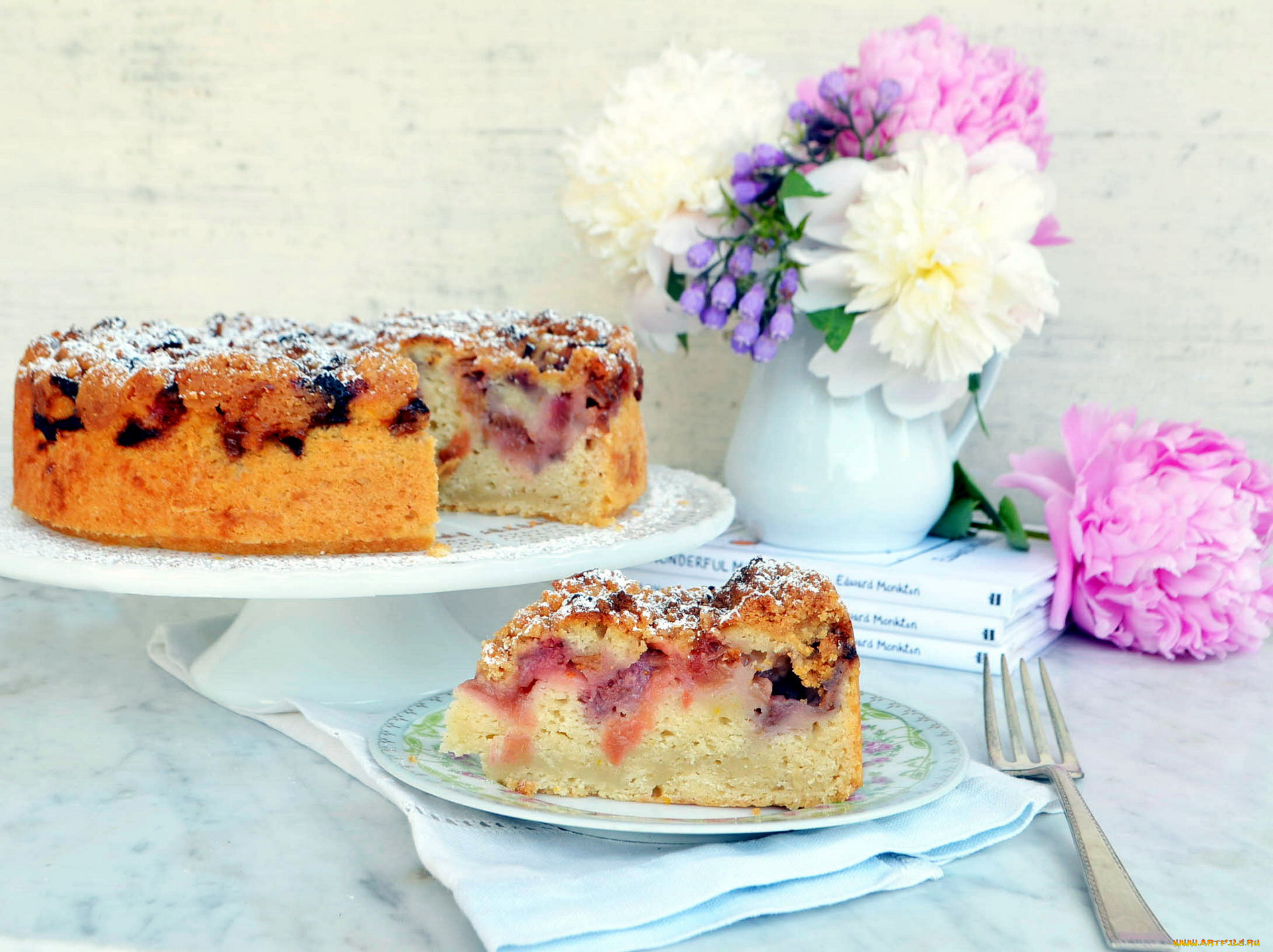 еда, пироги, фруктовый, пионы